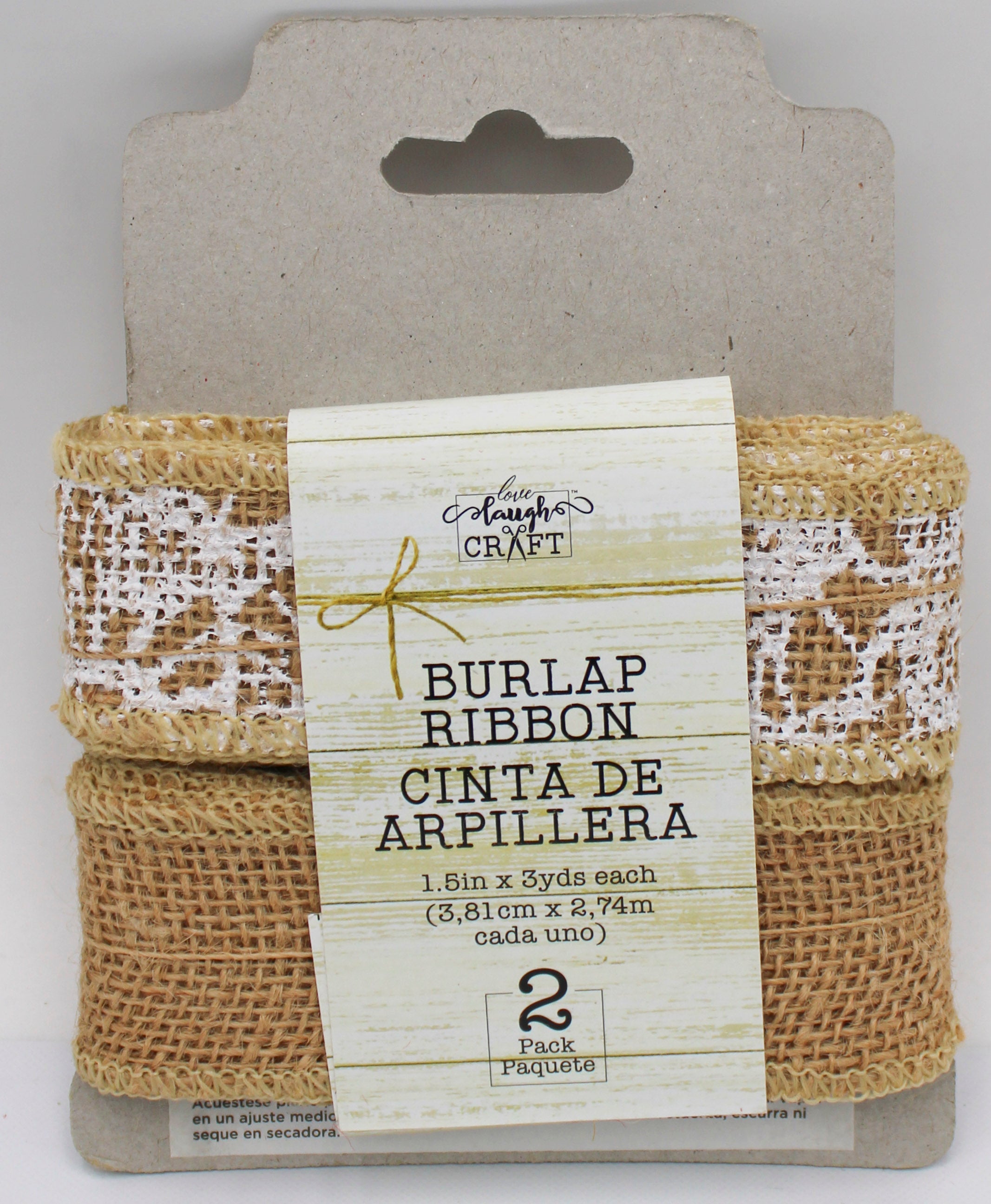 1.5 IN   X 3 YD SET-NATURAL BURLAP RIBBON AND WHITE SCREENPRINT LACE NATURAL RIBBON - BOUND STITCHED EDGES