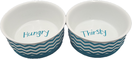 PET BOWL ASSORTED HUNGRY / THIRSTY  SMALL 4.25Dx2H CHEVRON TEAL