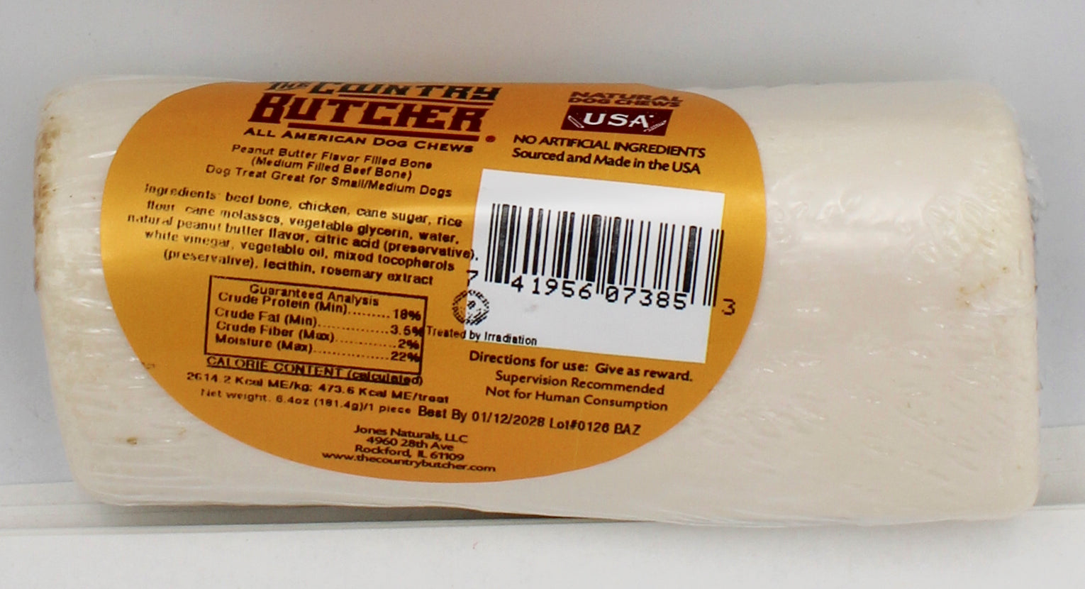 THE COUNTRY BUTCHER NATURAL DOG CHEWS PEANUT BUTTER 1CT FILLED BONE 6.4oz BB 1/12/2028