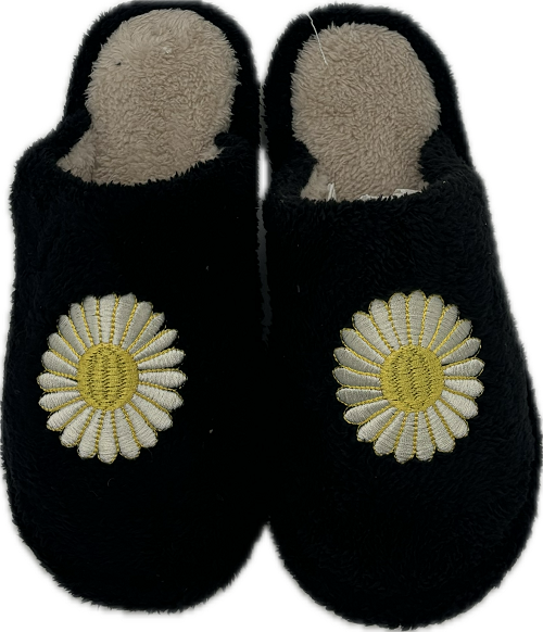 DAISY SLIPPER PLUSH UPPER WITH NON-SLIP RUBBER SOLES  1PAIR  SMALL (5-6)  BLACK