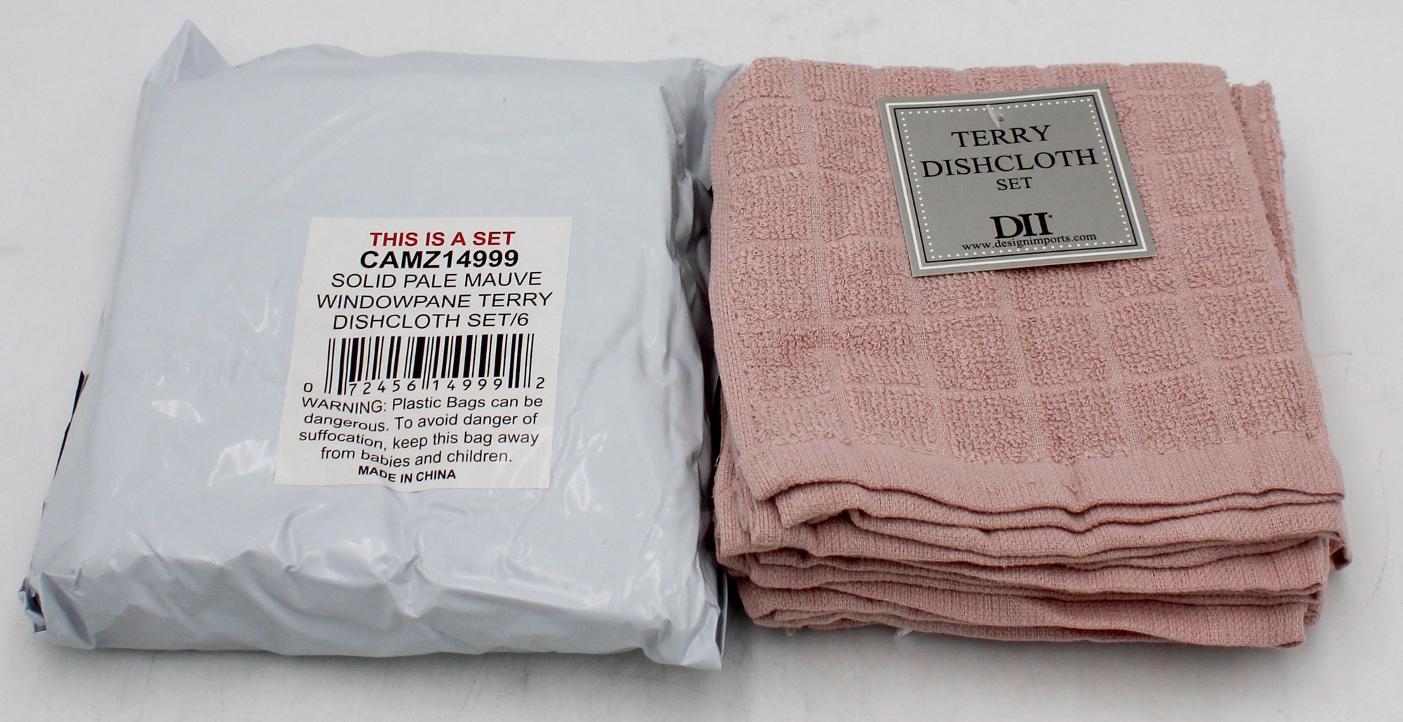6CT TERRY DISHCLOTH SET- PALE MAUVE SOLID WINDOWPANE
