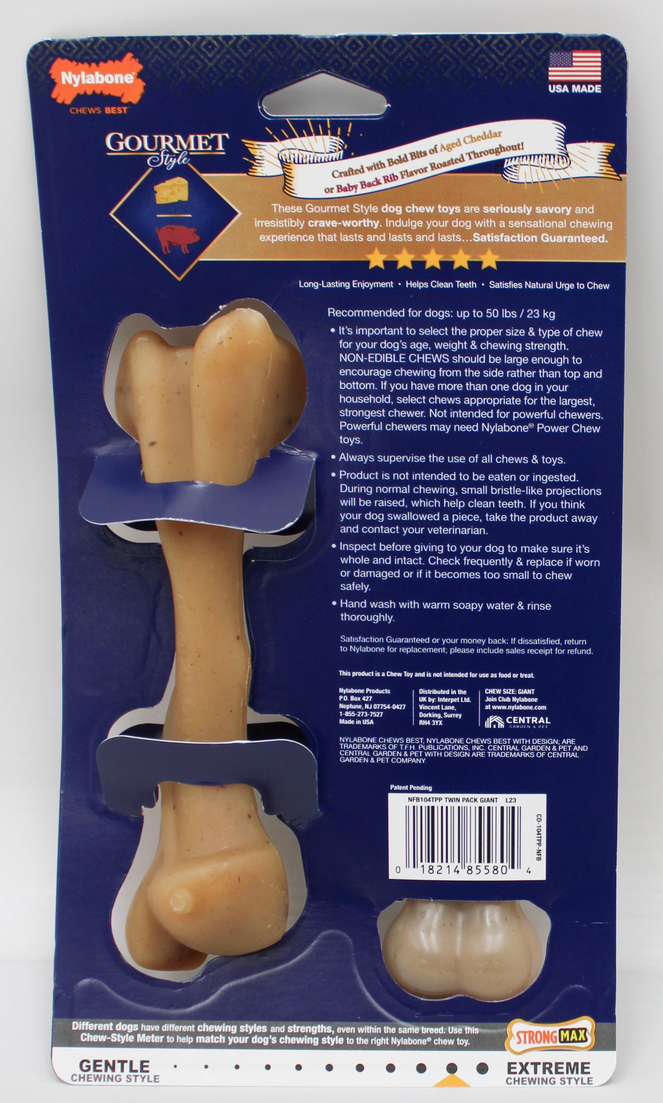 NYLABONE GOURMET STYLE STRONG CHEW BONE AND FEMUR TWIN PACK, AGED CHEDDAR AND BABY BACK RIBS SZ GIANT