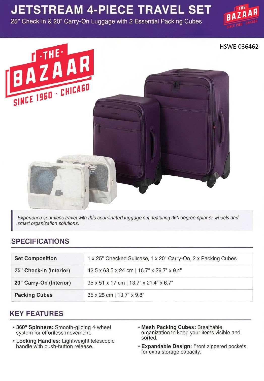 JETSTREAM 2PC LUGGAGE SET W/ 2 PACKING CUBES - 25'' CHECK IN AND 20'' CARRY ON