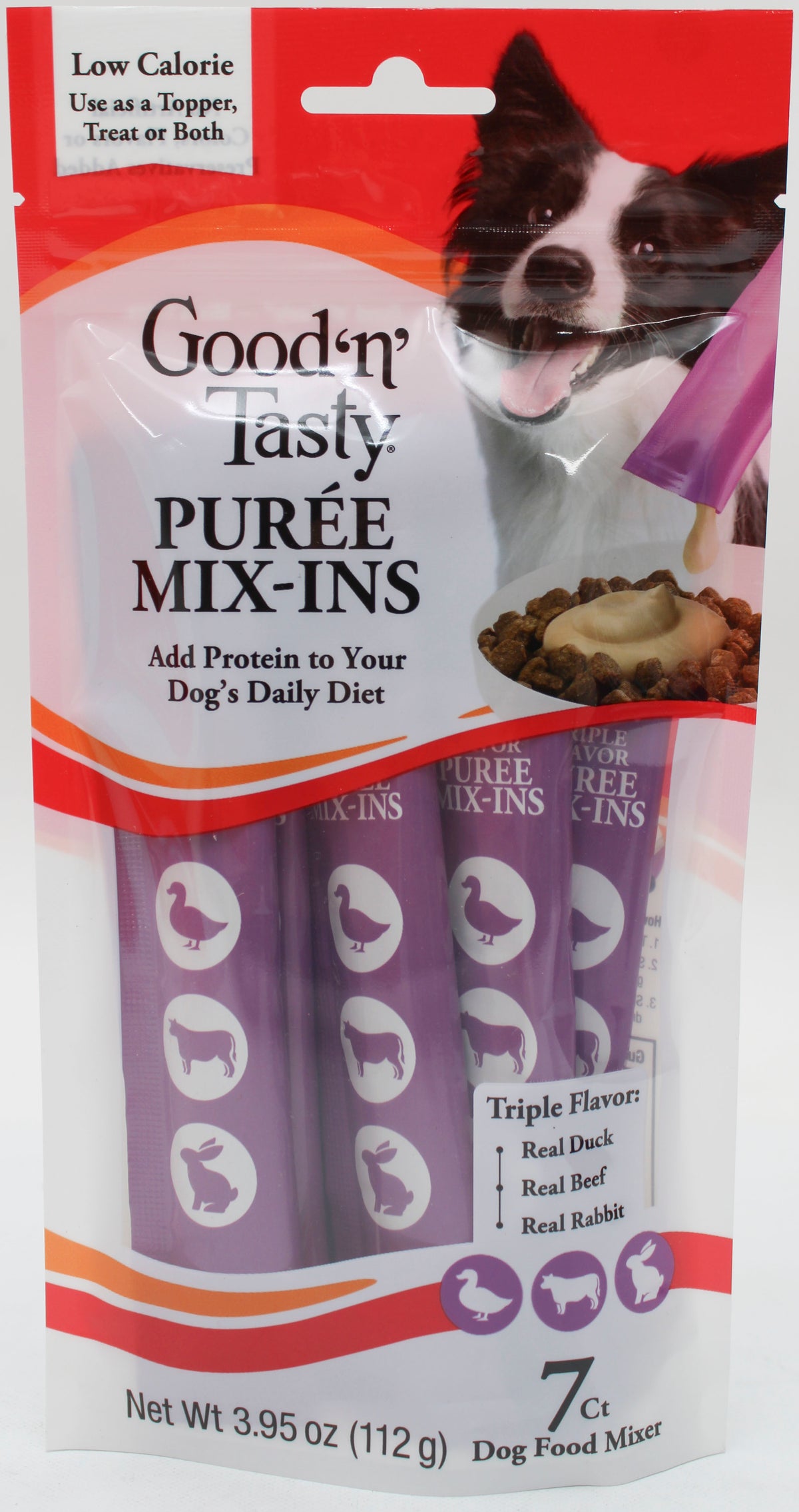 GOOD N TASTY TRIPLE FLAVOR DOG FOOD TOPPER DUCK,BEEF & RABBIT 7CT BB 5/25/2027 NI