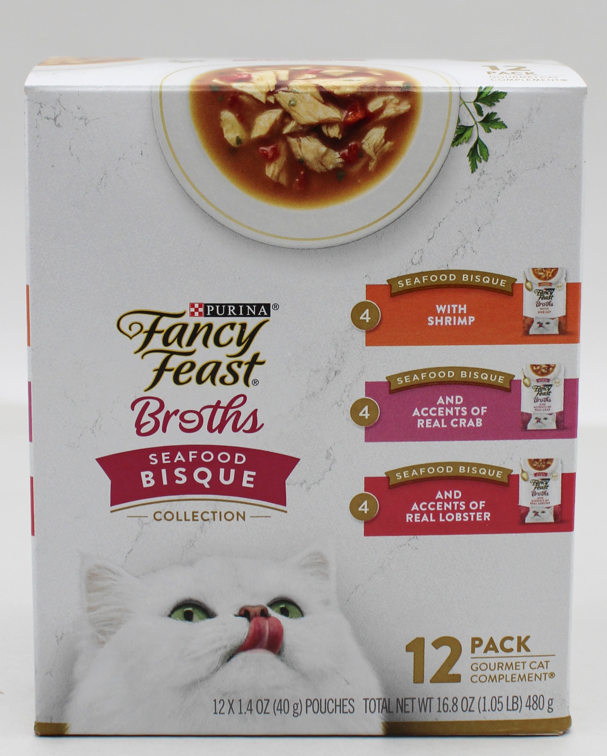 PURINA FANCY FEAST BROTHS SEAFOOD BISQUE & SHRIMP 1.4oz/12CT BB 2/28/2027 NI
