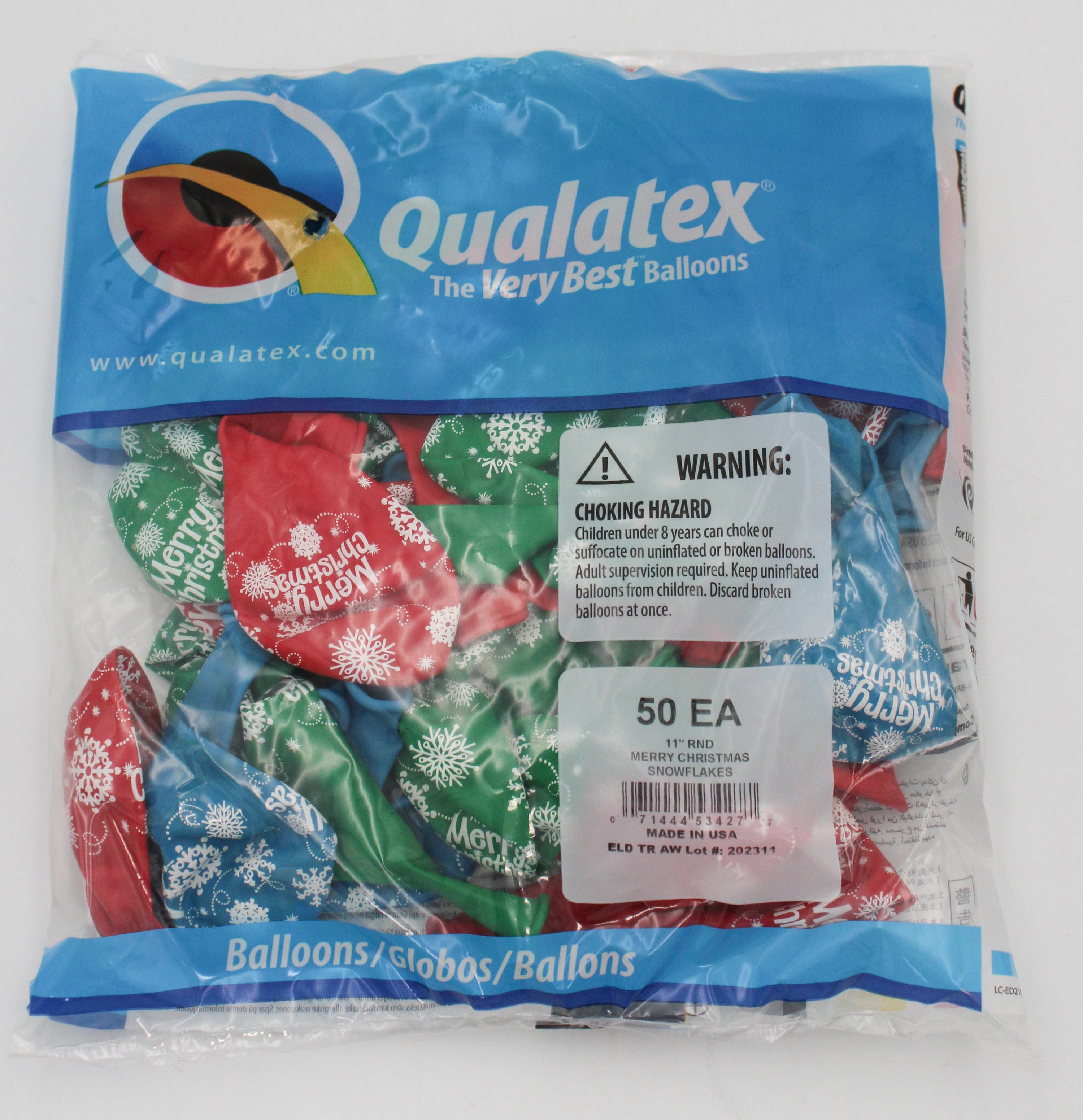11" ROUND QX LATEX BALLOON AST 50CT MERRY CHRISTMAS SNOWFLAKES