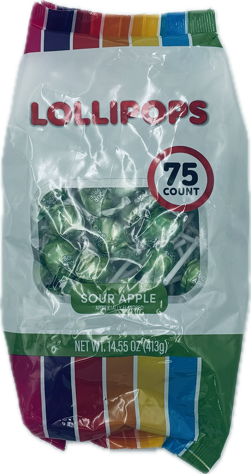 LOLLIPOPS HILCO SWEETS 75CT  14.55oz BAG SOUR APPLE EXP 6/05/25