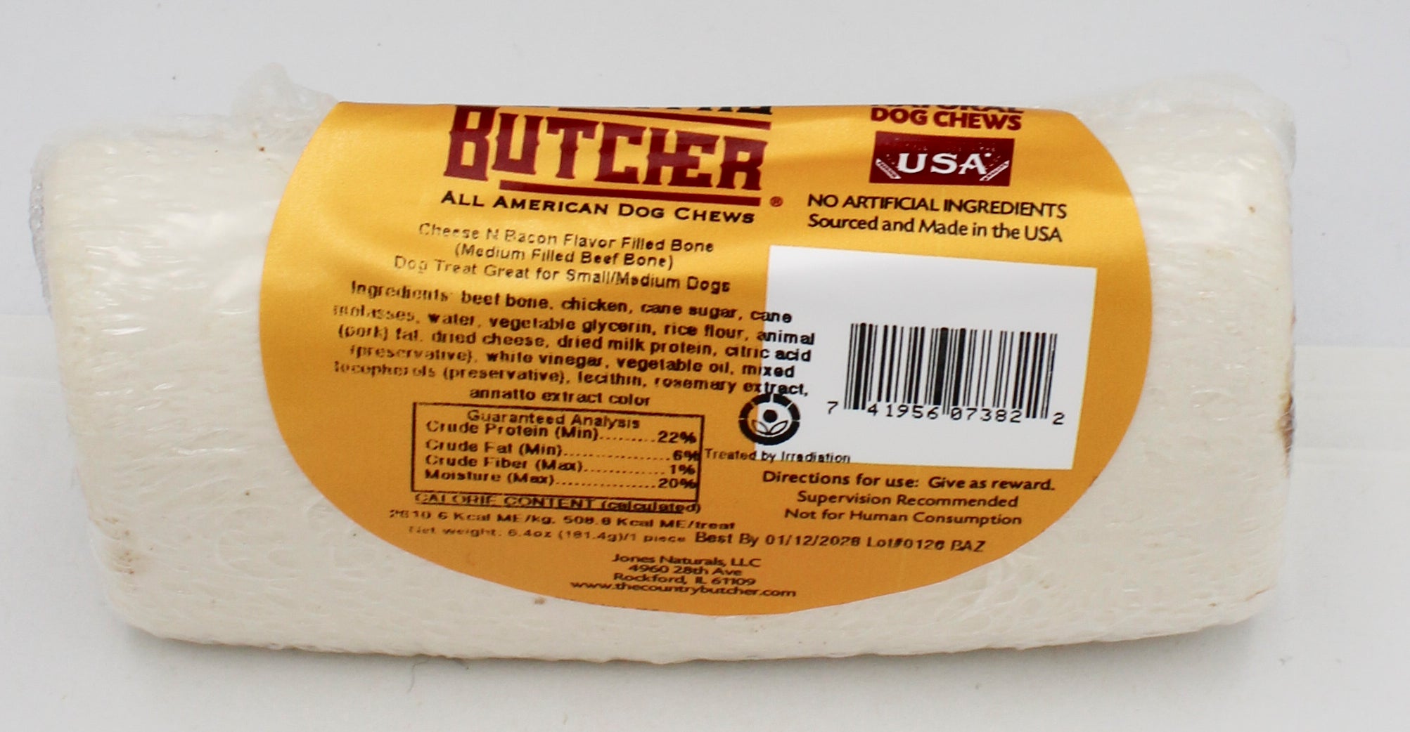 THE COUNTRY BUTCHER NATURAL DOG CHEWS CHEESE N BACON 1CT FILLED BONE 6.4oz BB 1/12/2028