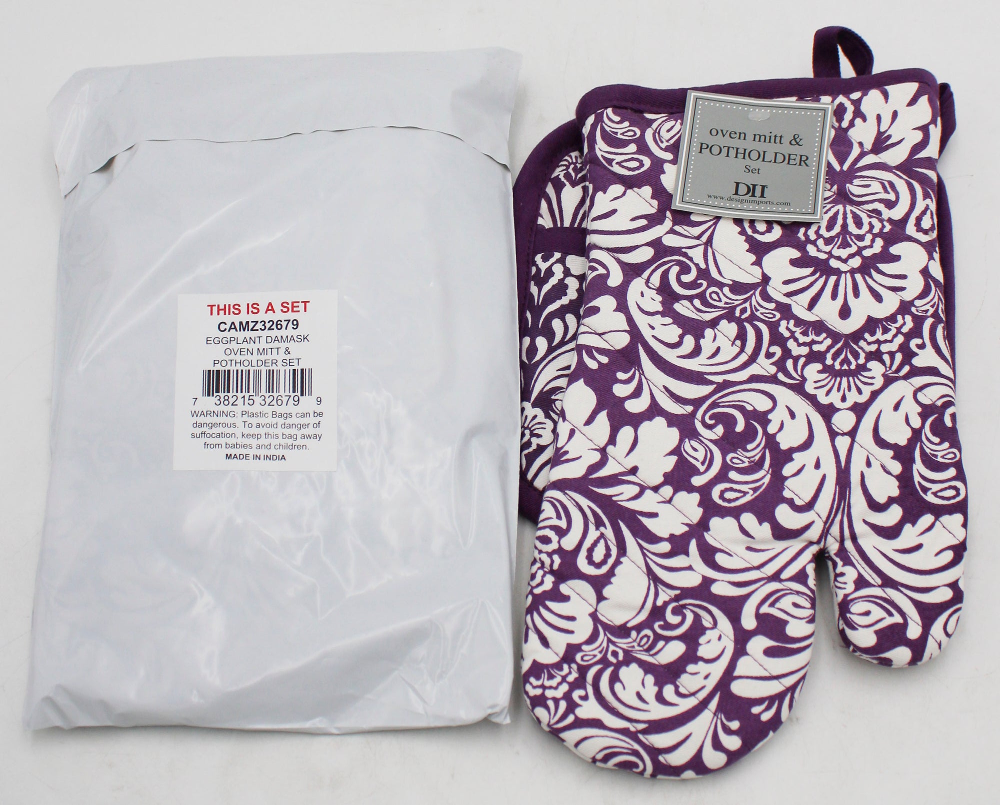 2 CT OVEN MITT & POTHOLDER SET - EGGPLANT DAMASK