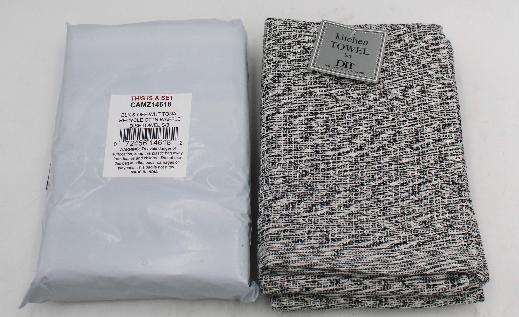 3CT DISHTOWEL SET - BLACK/OFF-WHITE TONAL RECYCLED COTTON WAFFLE