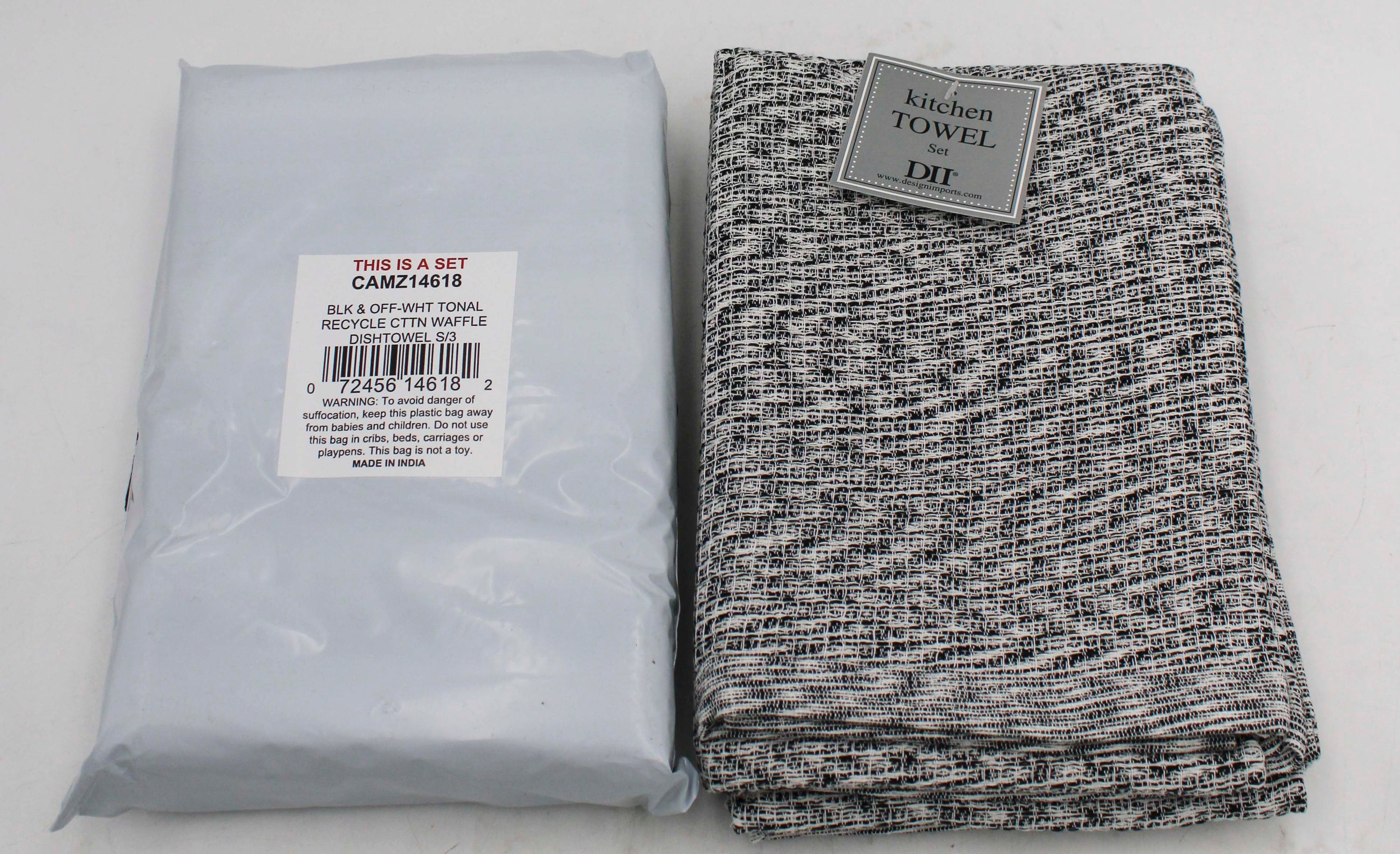 3CT DISHTOWEL SET - BLACK/OFF-WHITE TONAL RECYCLED COTTON WAFFLE