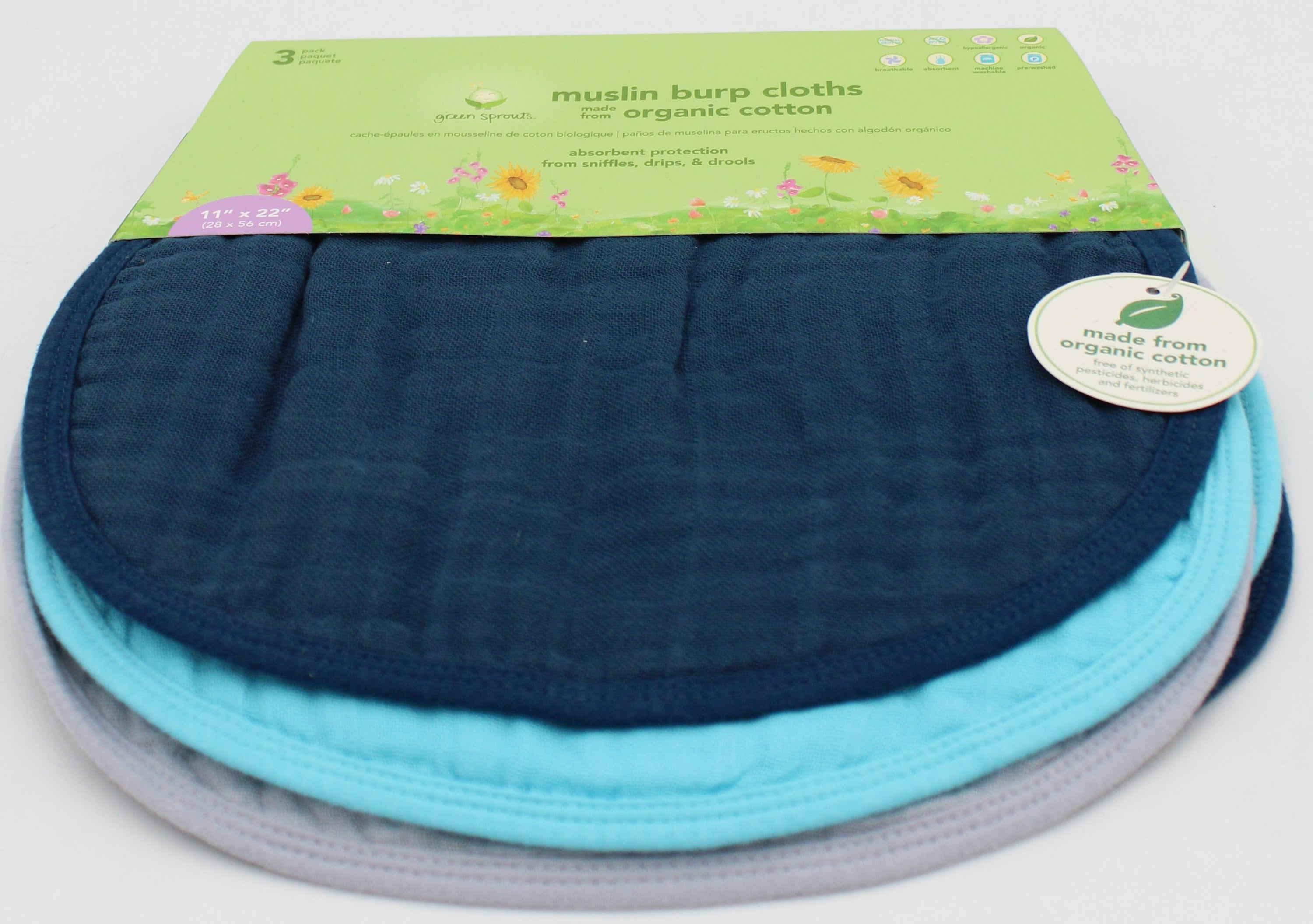 O2COOL 3PK MUSLIN BIBS - BLUE 11''X22''