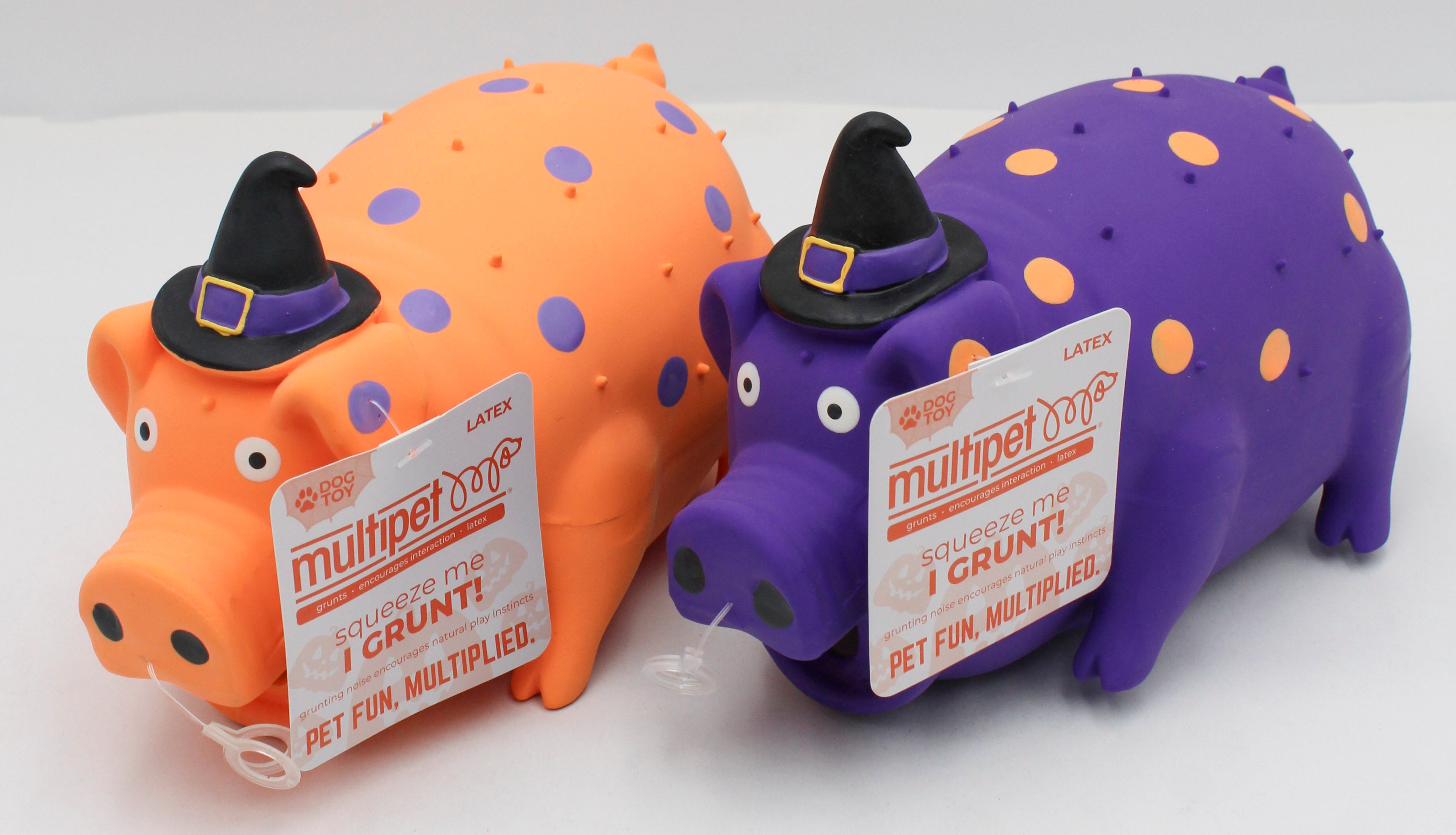 MULTIPET PIG (LATEX) W/WITCH HAT (ORANGE/PURPLE) DOG TOY  8"