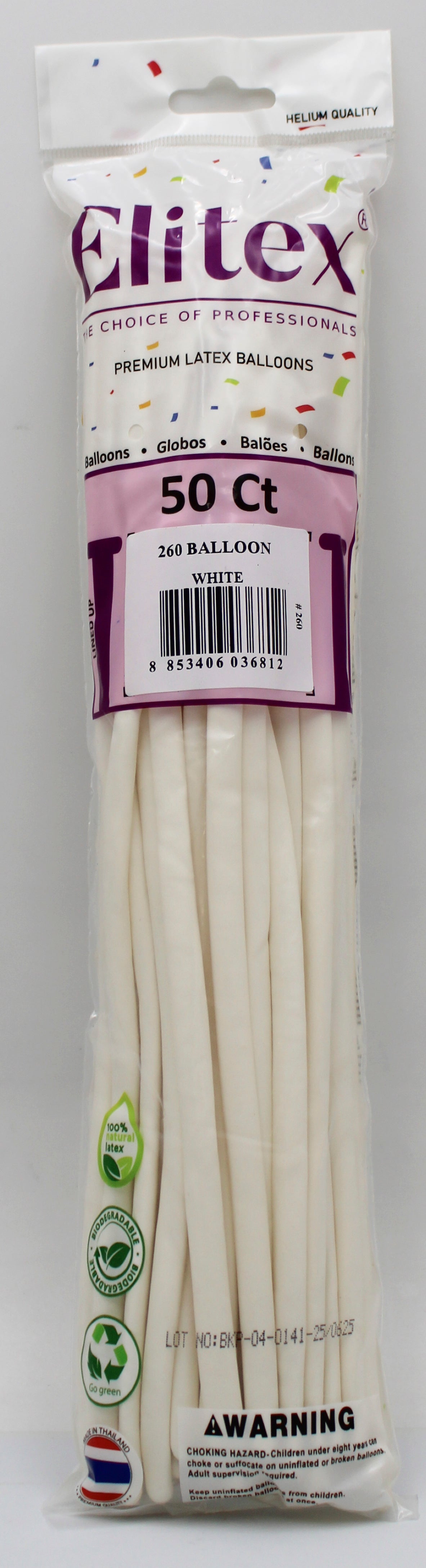ELITEX 260" WHITE MODELLING BALLOON, 50 PACK