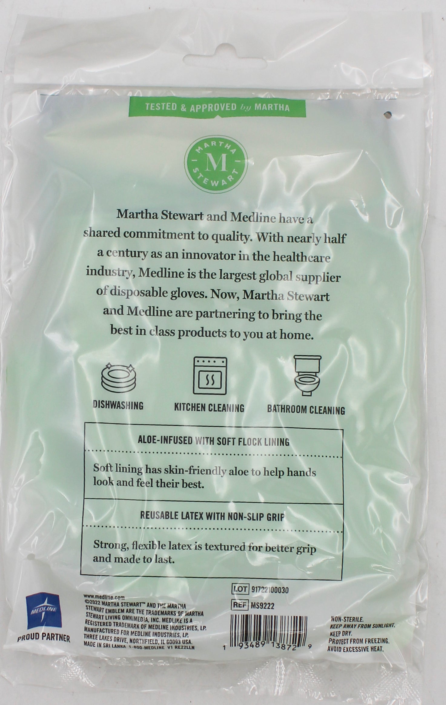MARTHA STEWART LATEX HOUSEHOLD CLEANING GLOVES WITH ALOE, S/M, NI