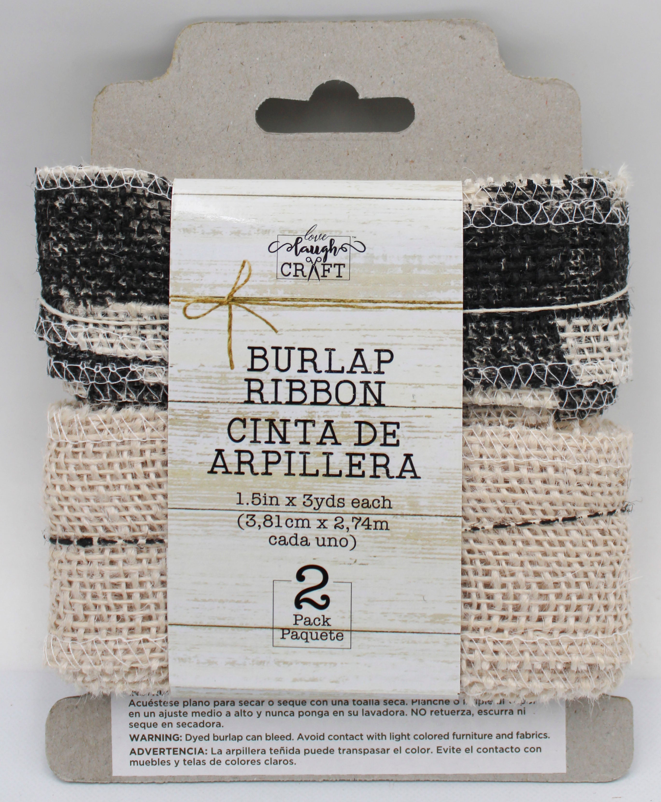 1.5 IN   X 3 YD   SET - WHITE BURLAP RIBBON AND BLACK SCREENPRINT BUFFALO CHECK WHITE RIBBON - FRAYED EDGES