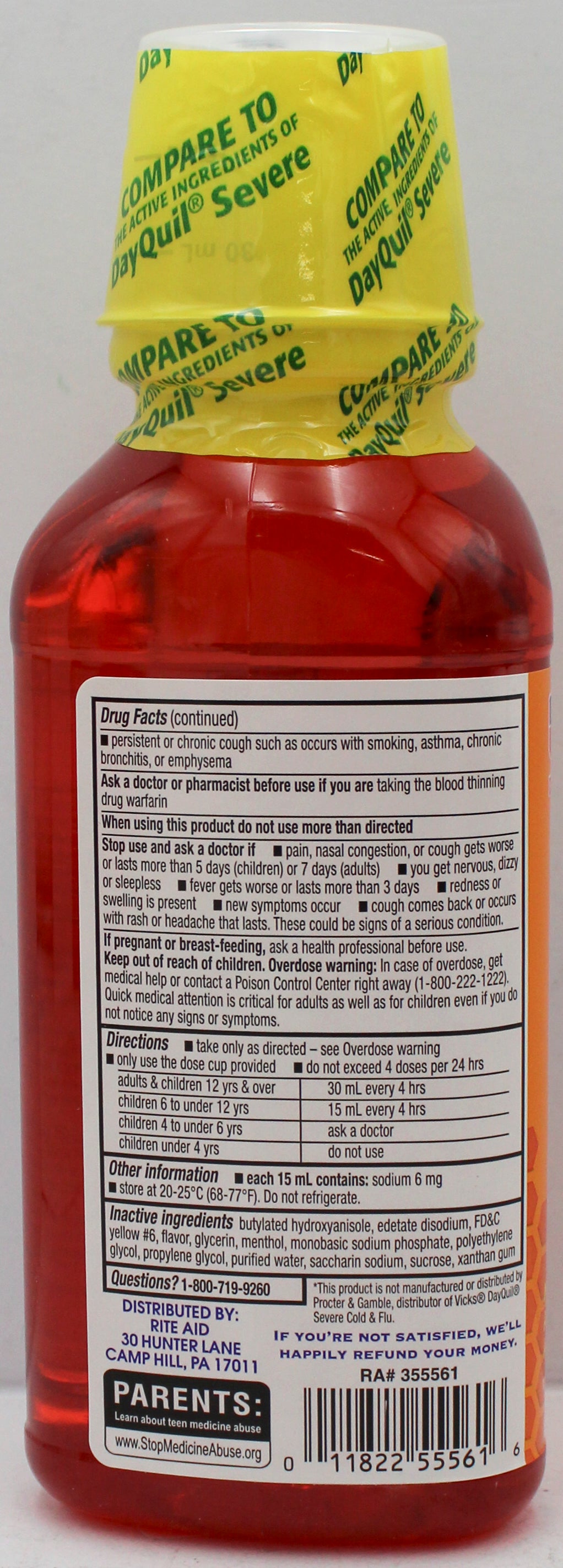 RITE AID DAYTIME SEVERE COLD & FLU RELIEF MAXIMUM STRENGTH 12oz EXP 2/28/2027 COMPARES TO Dayquil