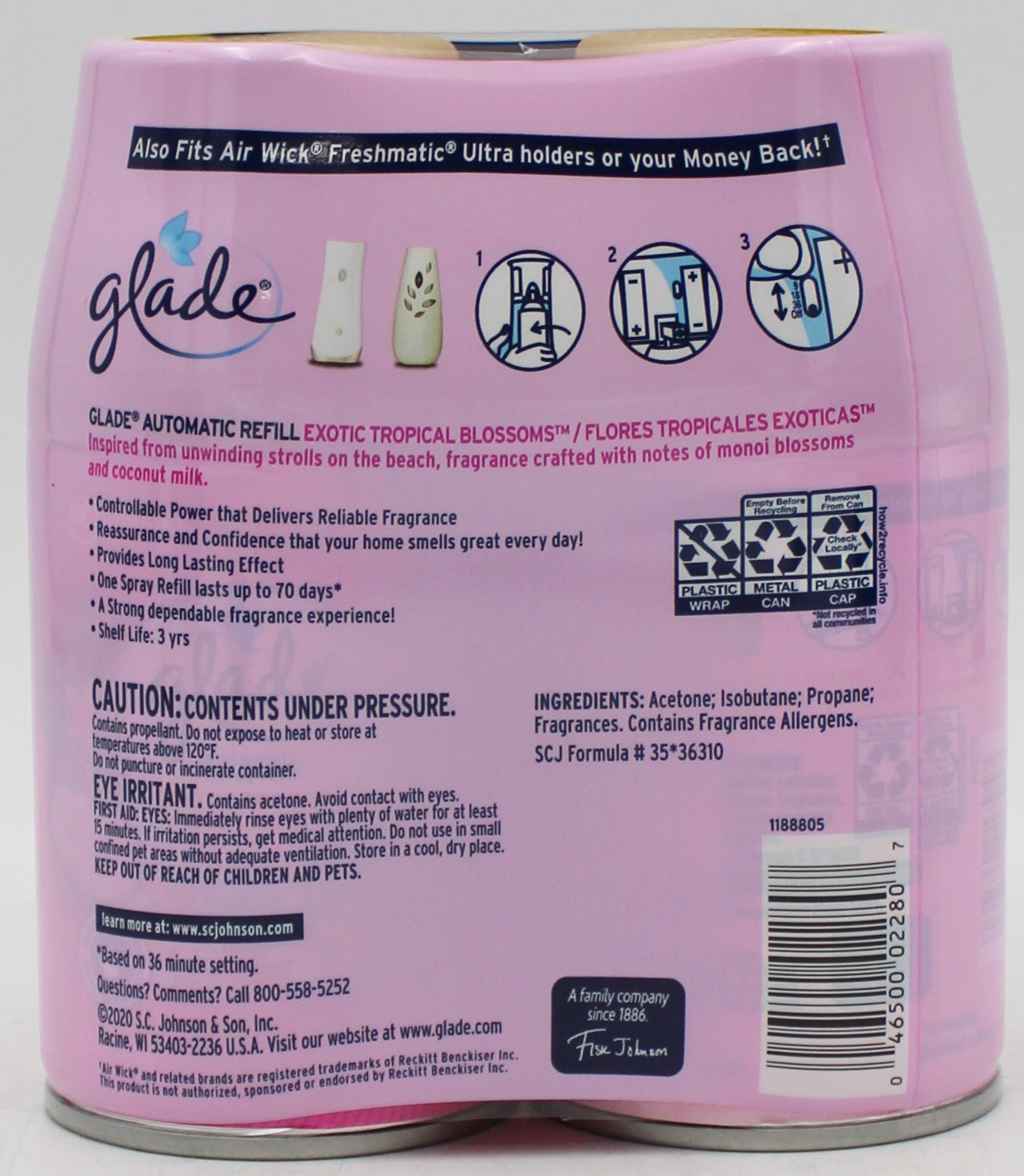 SP GLADE AUTOMATIC SPRAY  2 REFILLS 6.2oz EXOTIC TROPICAL BLOSSOMS