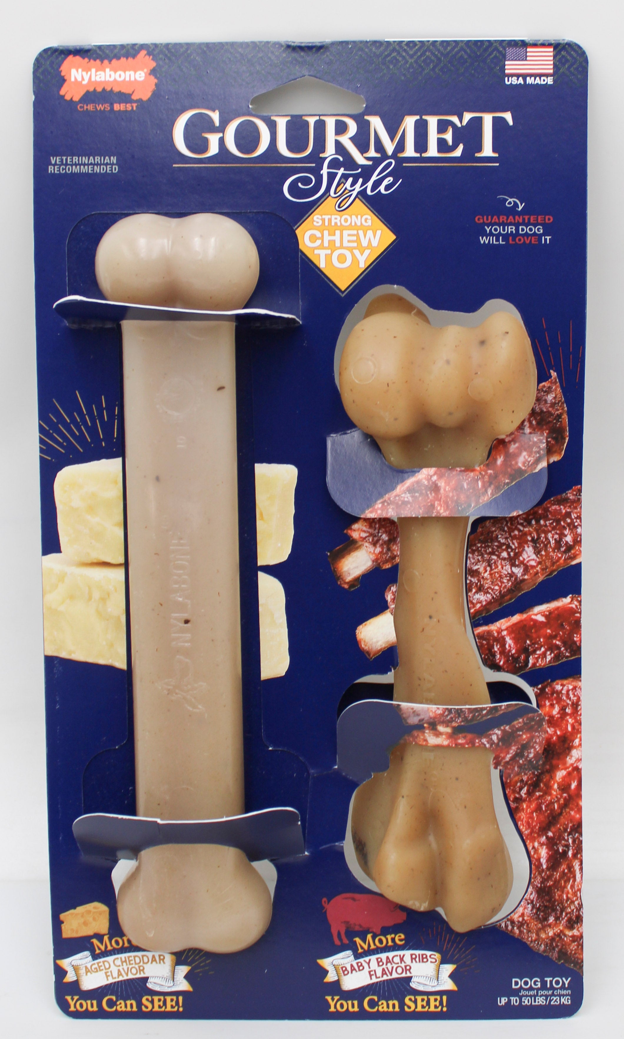 NYLABONE GOURMET STYLE STRONG CHEW BONE AND FEMUR TWIN PACK, AGED CHEDDAR AND BABY BACK RIBS SZ GIANT