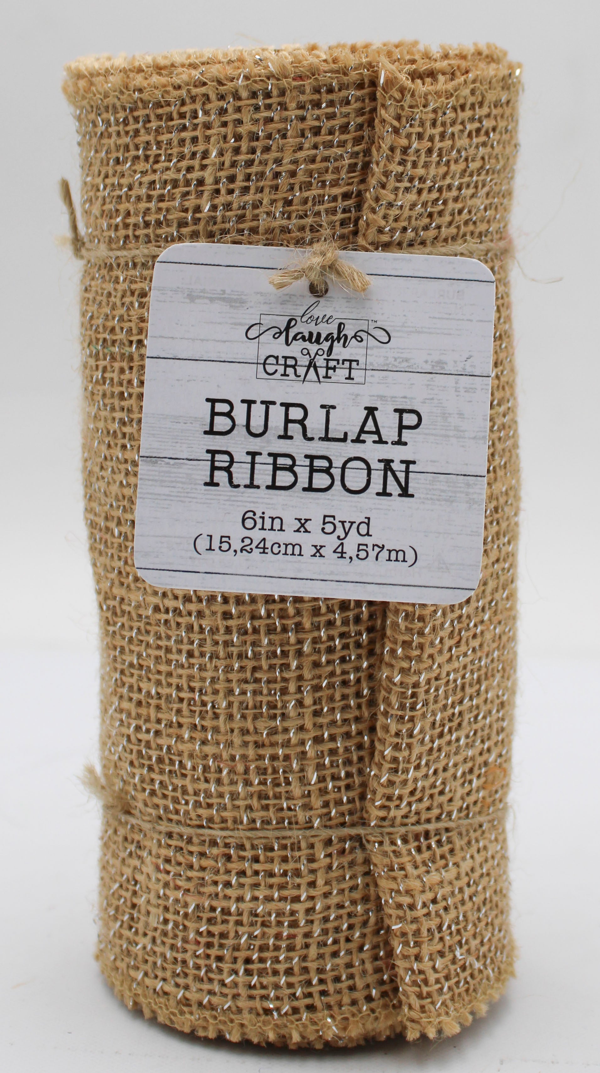 6 IN X 5 YD BURLAP RIBBON - NATURAL SILVER TIN