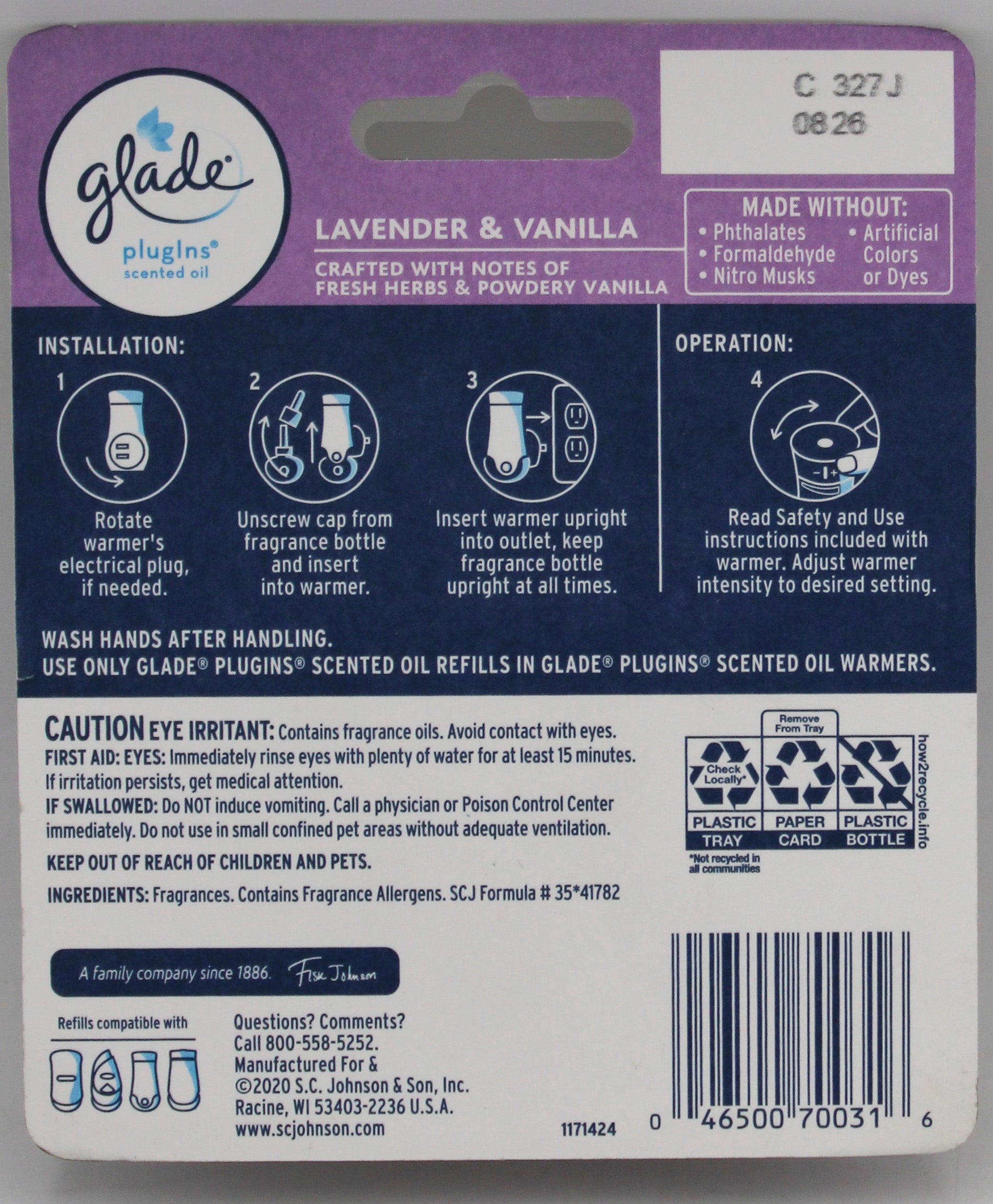 SP GLADE SCENTED OIL REFILLS 2CT LAVENDER & VANILLA  0.67oz