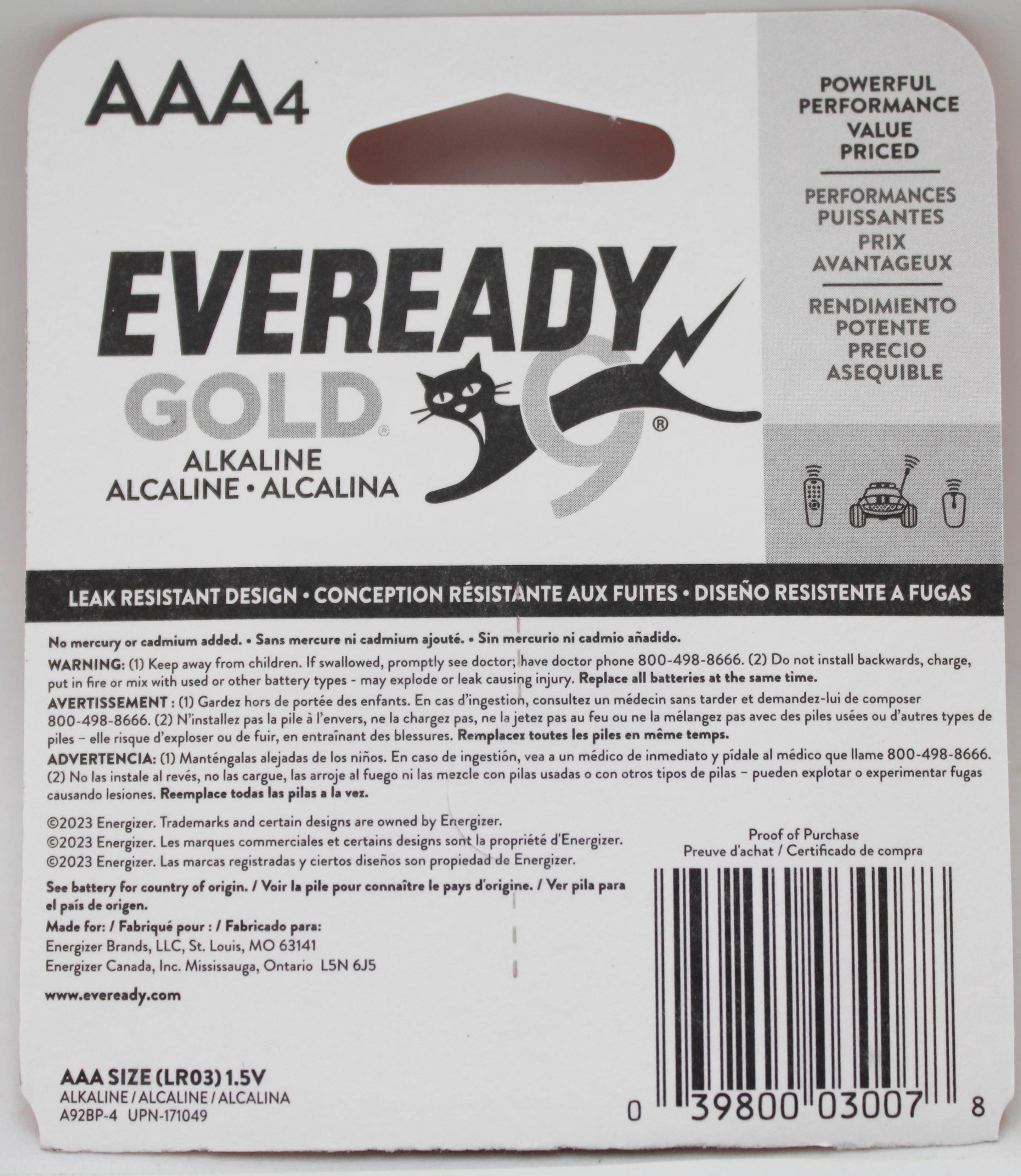 EVEREADY GOLD ALKALINE AA BATTERIES 4 PACK BB 12/31/2034