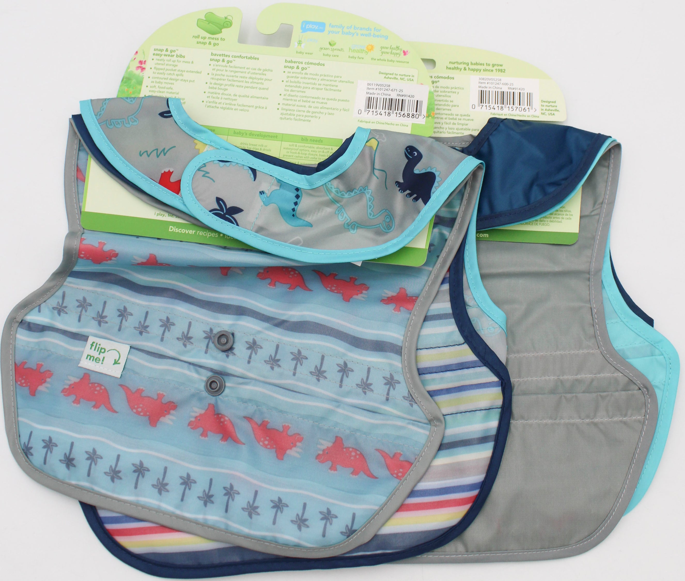 O2COOL 3PK SNAP & GO EASY-WEAR PULL-OVER BIB -BLUE SOLID & AQUA DINOS - 9MO-18MO NI