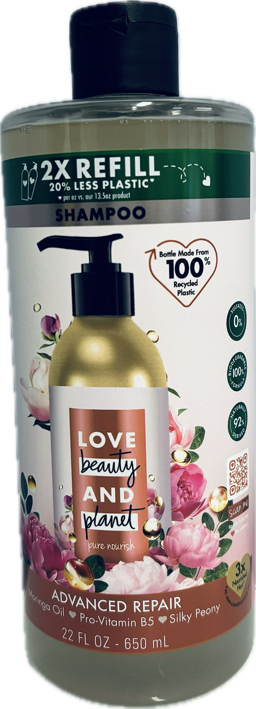 LOVE BEAUTY PLANET ADVANCED REPAIR SHAMPOO REFILL MORINGA OIL 22oz