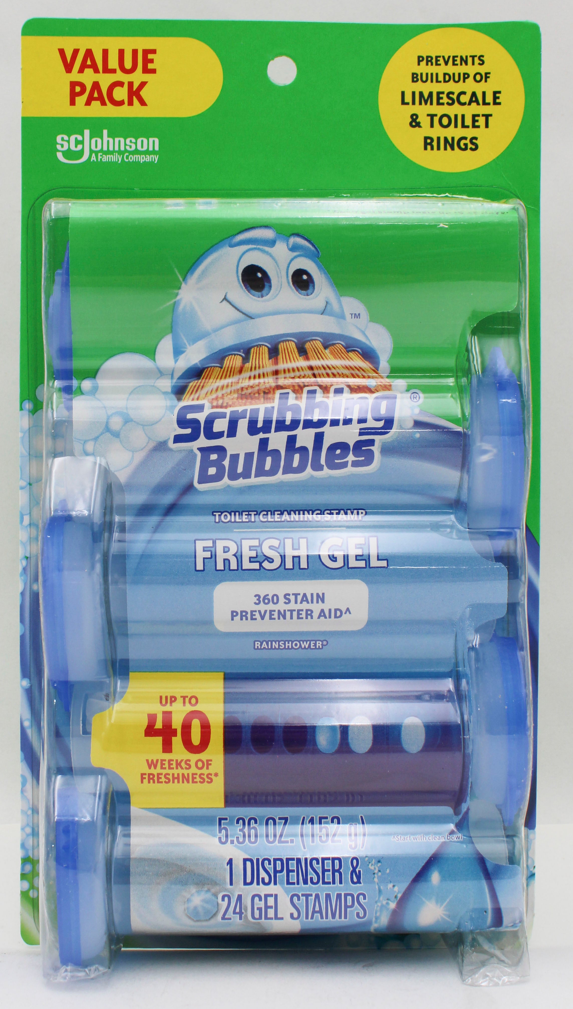SCRUBBING BUBBLES TOILET CLEANING DISPENSER W/24 STAMPS, RAIN SHOWER