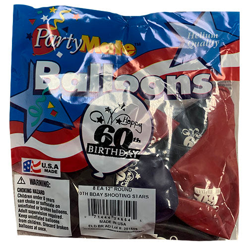 ROUND BALLON 12"/8CT-60TH BDAY/ASST.