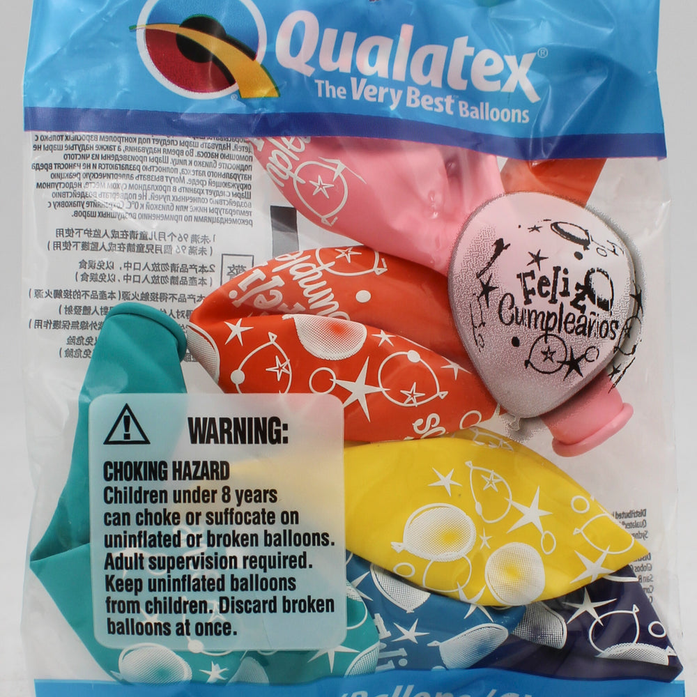 QUALATEX 11" ROUND PARTY BALLOONS AST 6CT FELIZ CUMPLEANOS BALLOONS