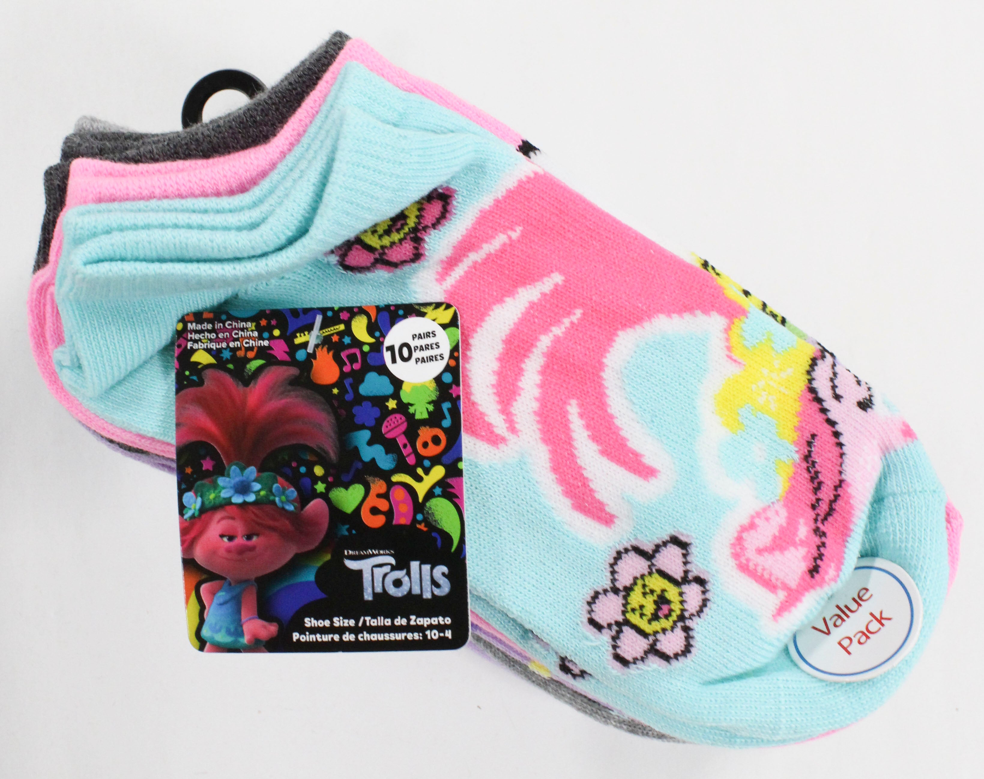 10pk GIRLS TROLLS KEEP IT HAPPY NS SOCKS SZIE 6-8 PP $20.00