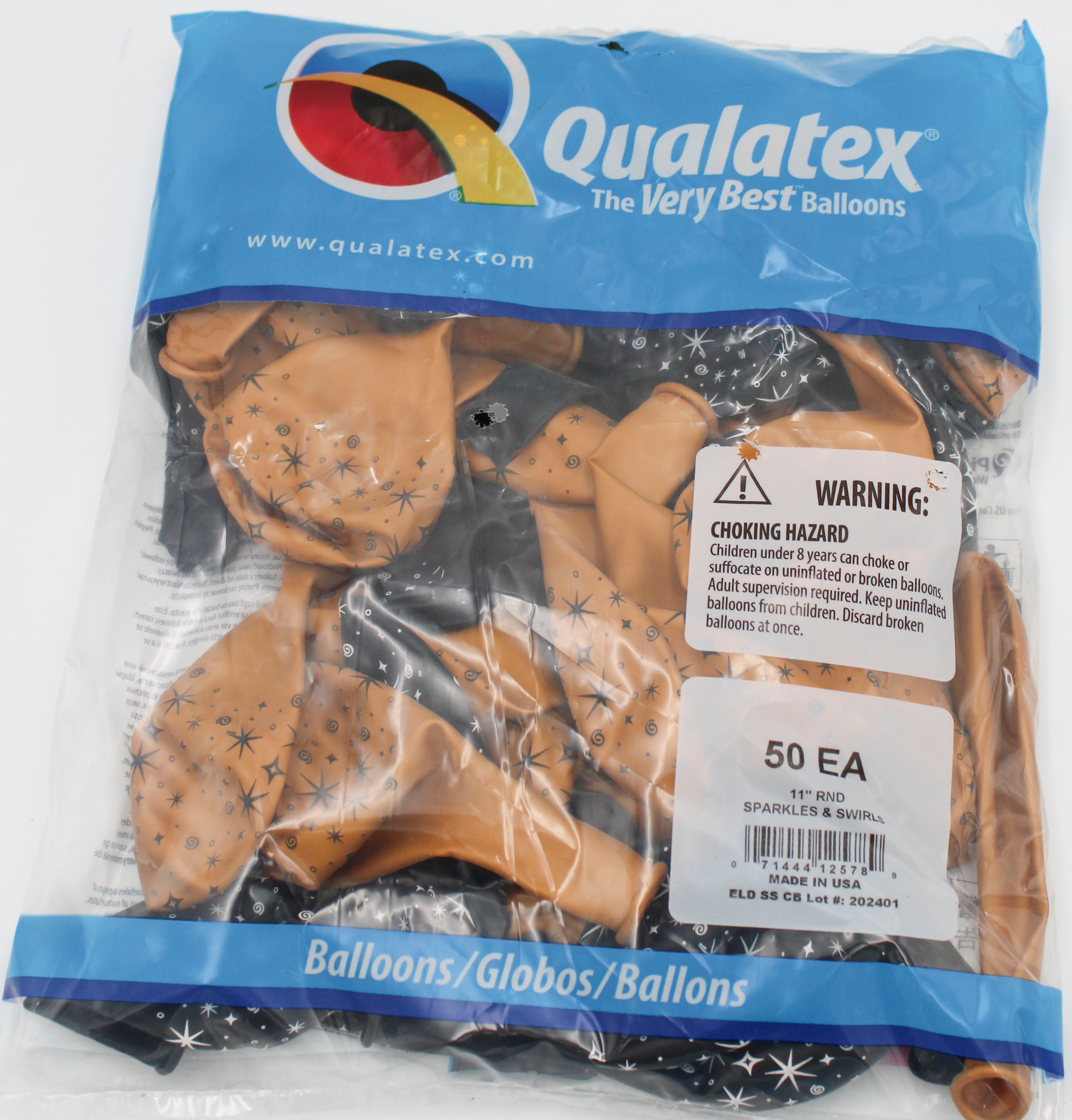 11" ROUND QX LATEX BALLOON GLD&BLK 50CT SPARKLES & SWIRLS