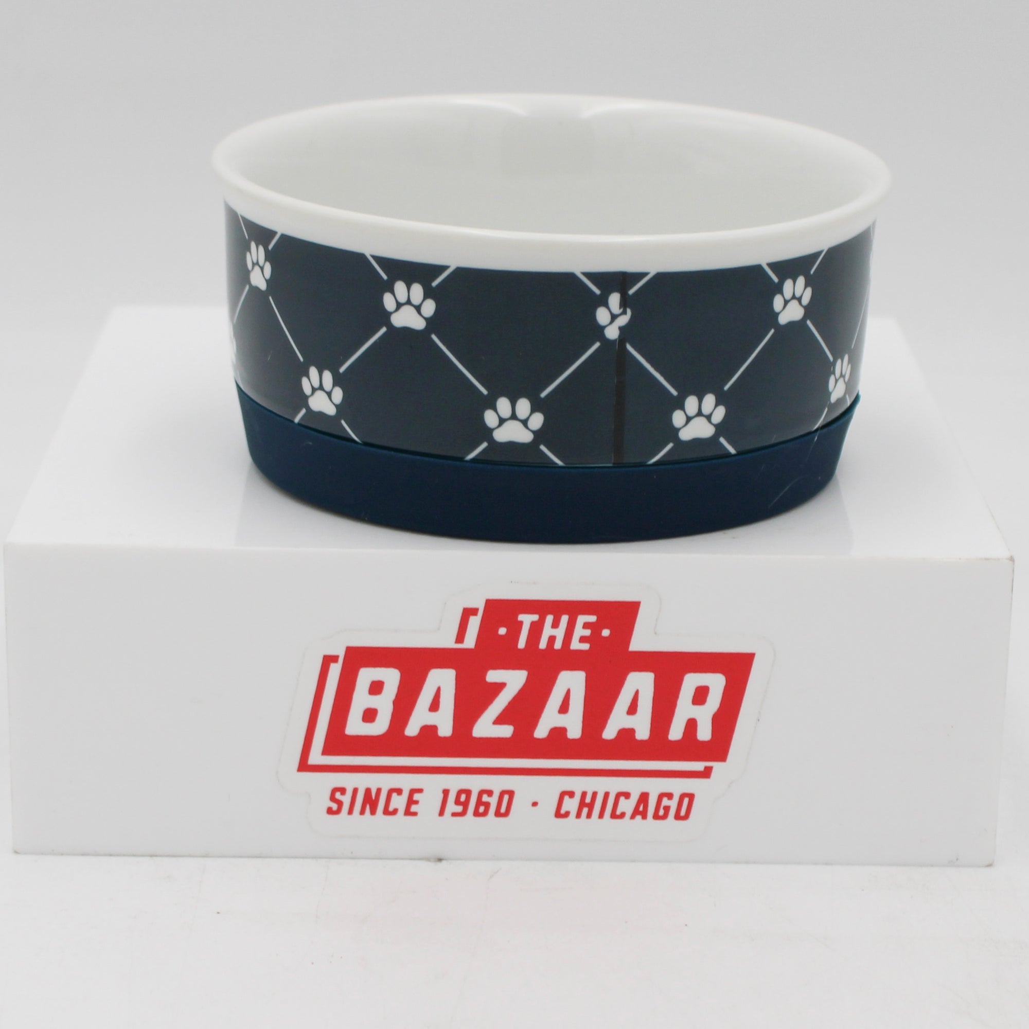 PET BOWL - TRELLIS PAW NAVY - SMALL 4.25Dx2H