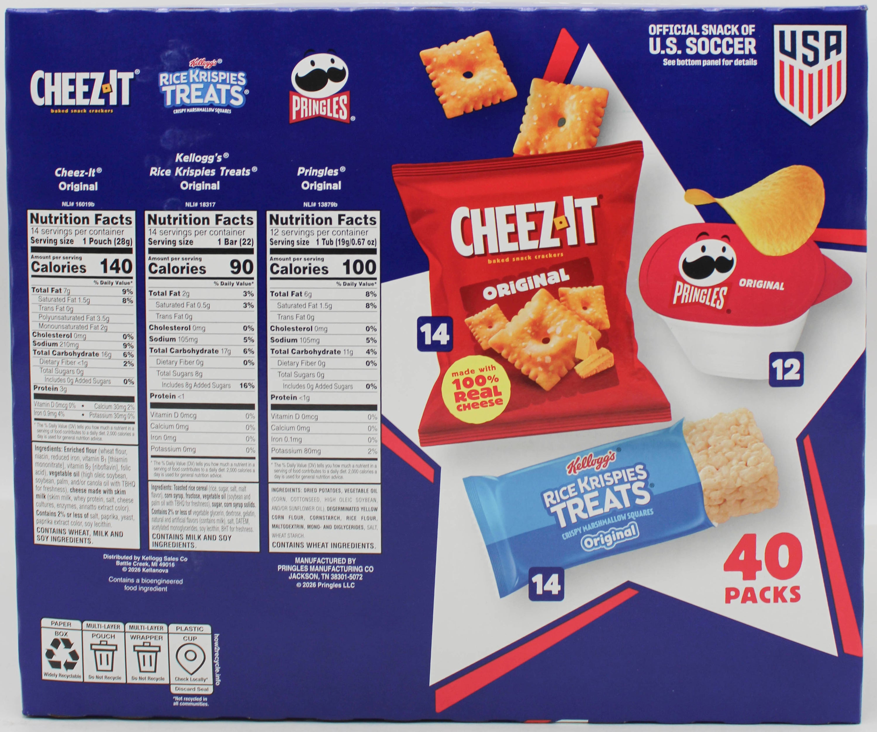 CHEEZ-ITS, PRINGLES, RICE KRISPIES VARIETY CLUB PACK 40CT 32.96 Oz BB 11/1/26 NI