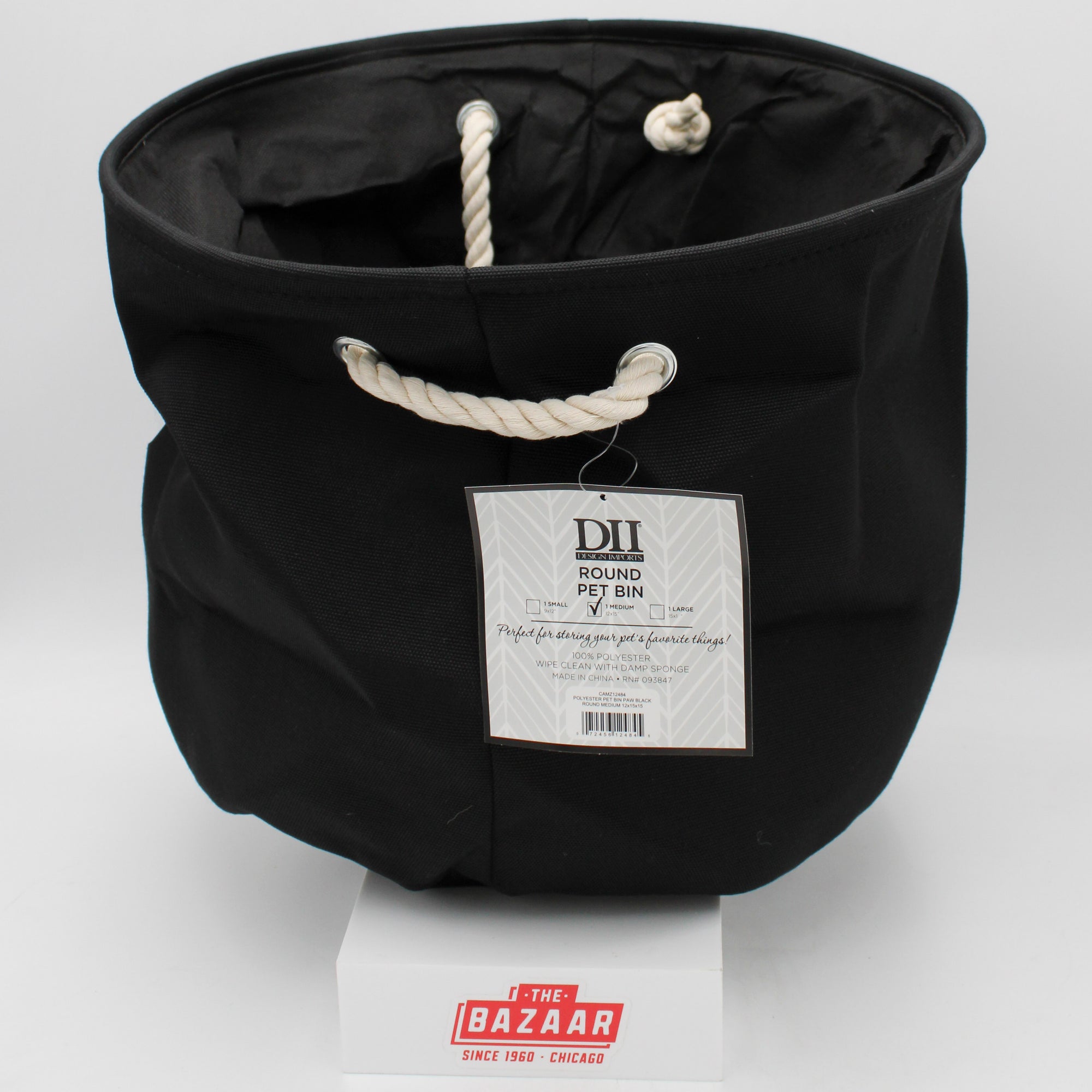 POLYESTER PET BIN PAW BLACK ROUND MEDIUM 12x15x15
