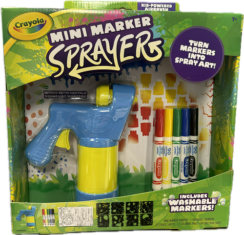 CRAYOLA MINI MARKER SPRAYER +5 WASHABLE MARKERS 8STENCIL SHEETS 12COLORING PGS NI