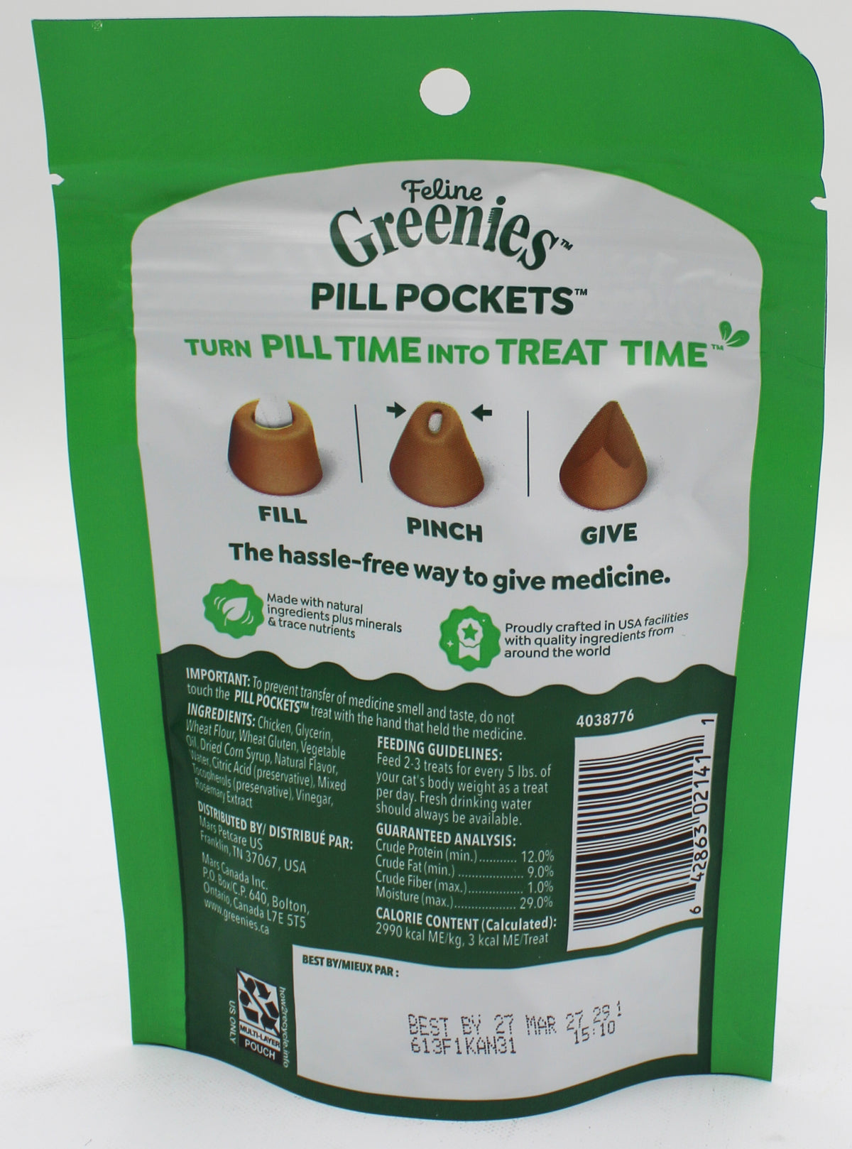 GREENIES PILL POCKETS SOFT CAT TREATS CHICKEN FLAVOR 1.6 OZ. (45 PK) BB 3/27/2027
