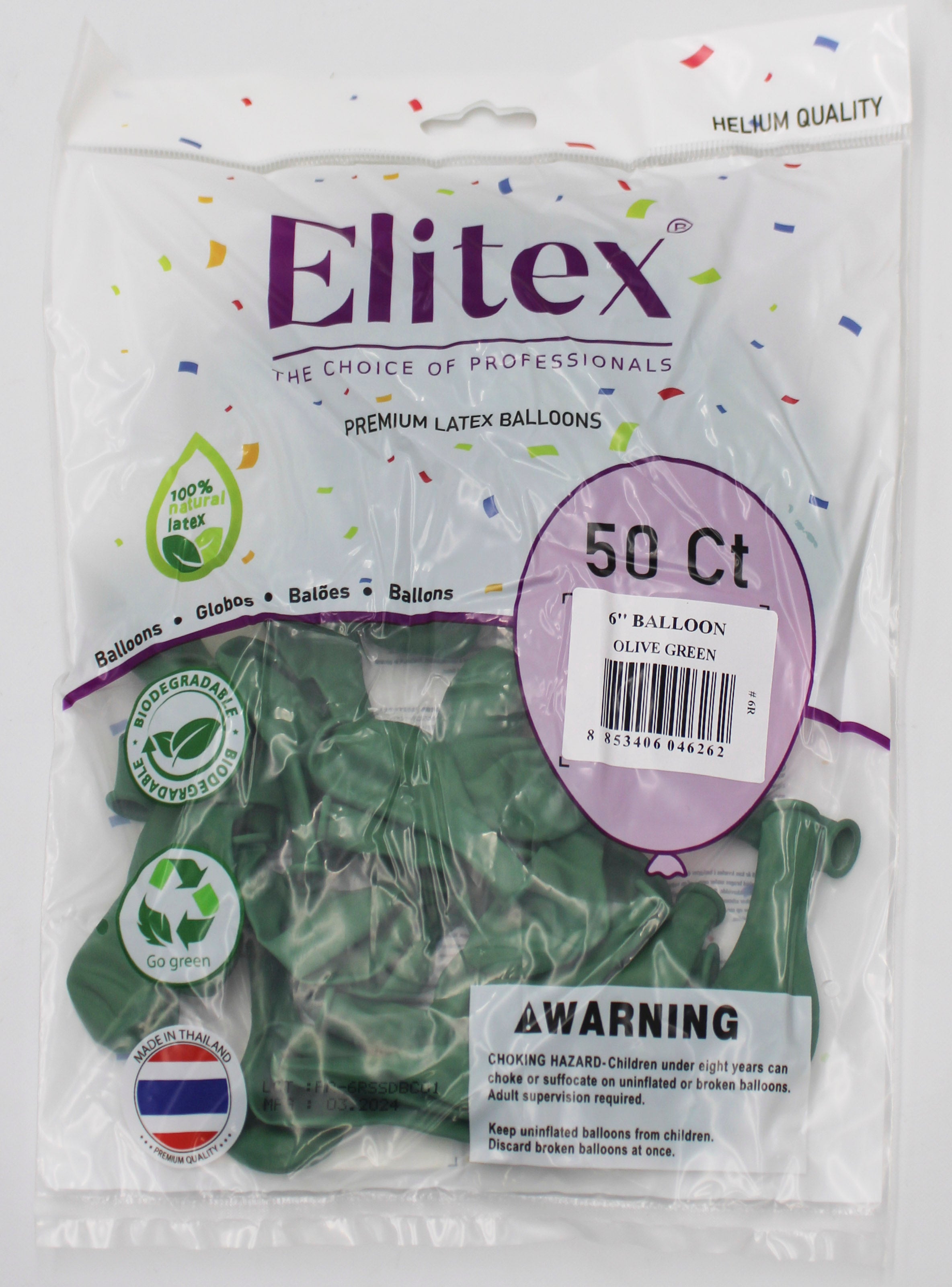 ELITEX 6" OLIVE GREEN ROUND BALLOON, 50 PACK