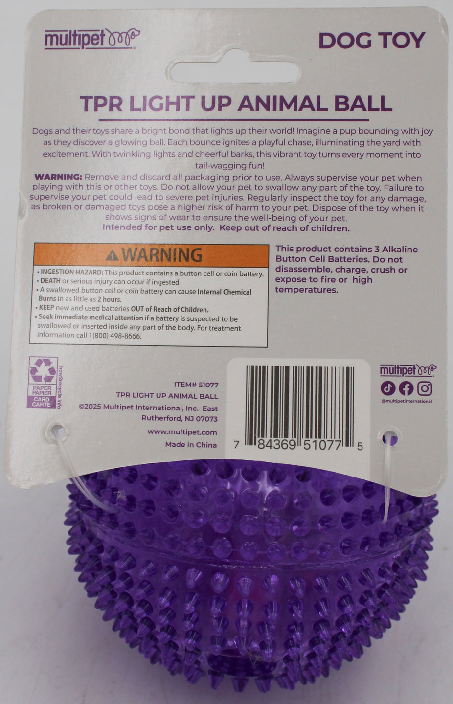 MULTIPET TPR ANIMAL LIGHT UP BALL DOG TOY 3"