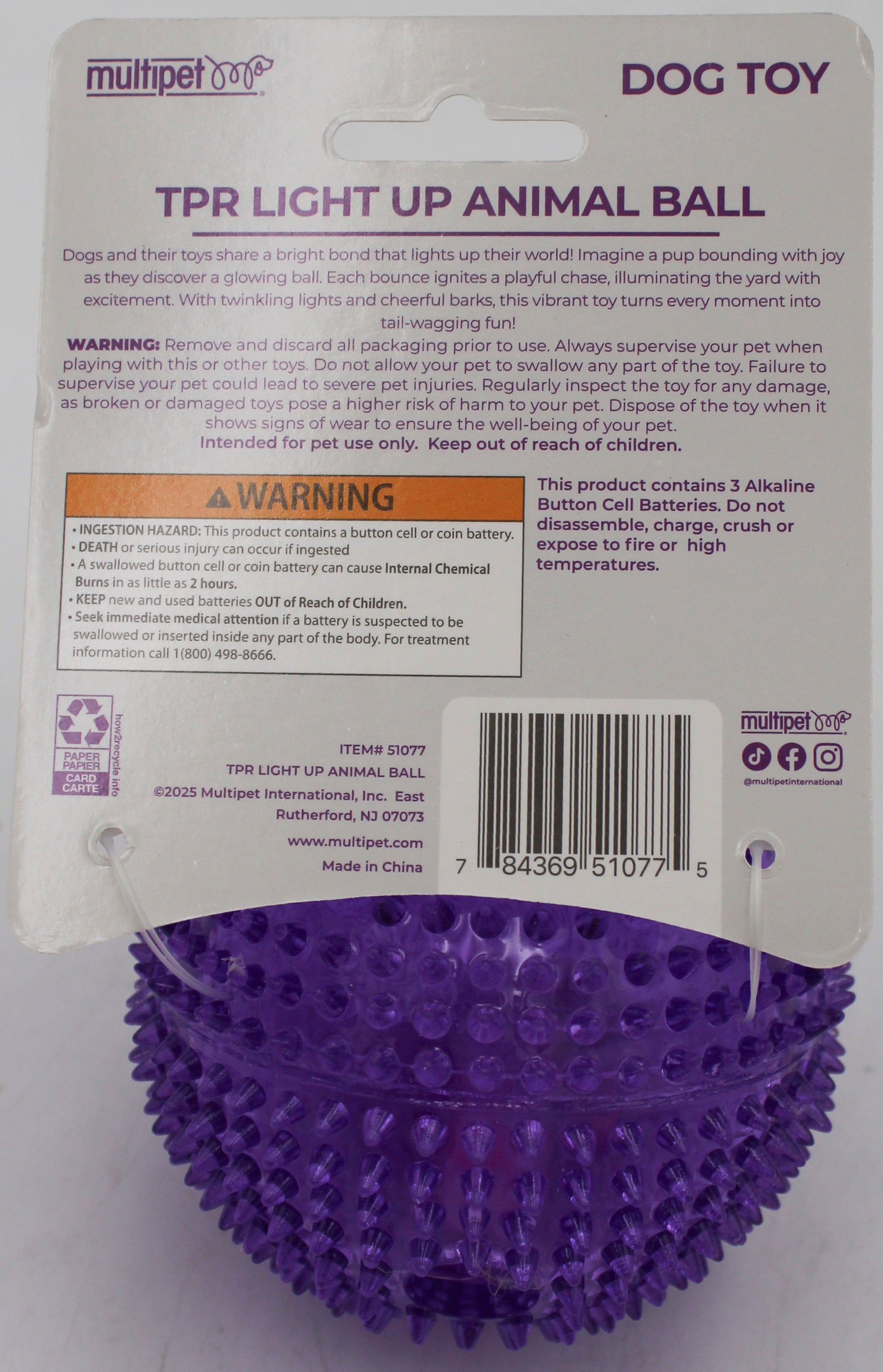 MULTIPET TPR ANIMAL LIGHT UP BALL DOG TOY 3"