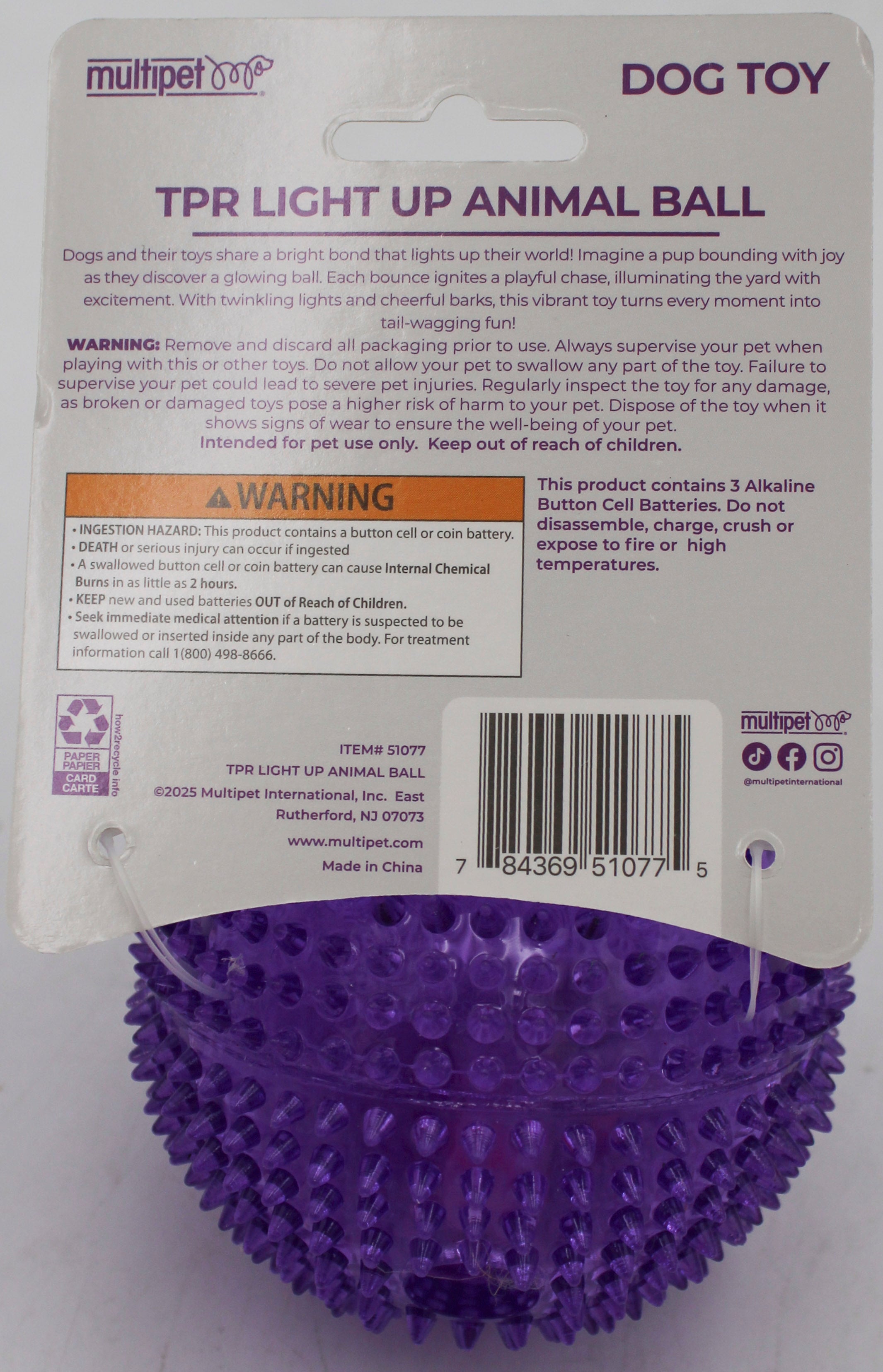 MULTIPET TPR ANIMAL LIGHT UP BALL DOG TOY 3"