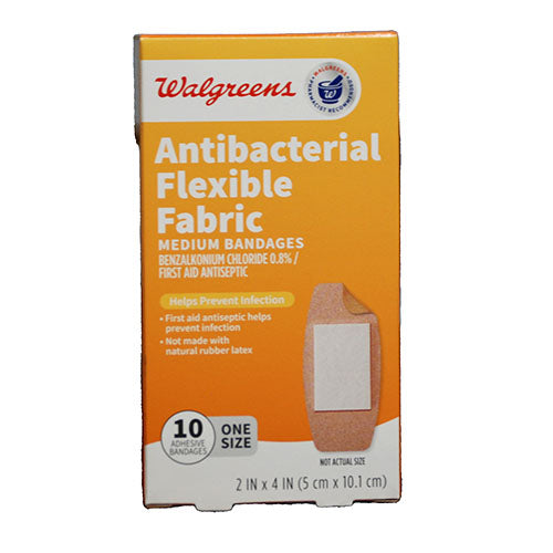 WALGREENS ANTIBACTERIAL FLEXIBLE FABRIC MEDIUM BANDAGE 10CT  2"X4" EXP 9/23/26 NI