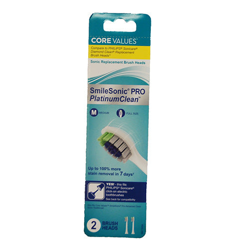 CORE VALUES SMILESONIC PRO PLATINUM CLEAN REPLACEMENT BRUSH HEADS 2PK-MEDIUM