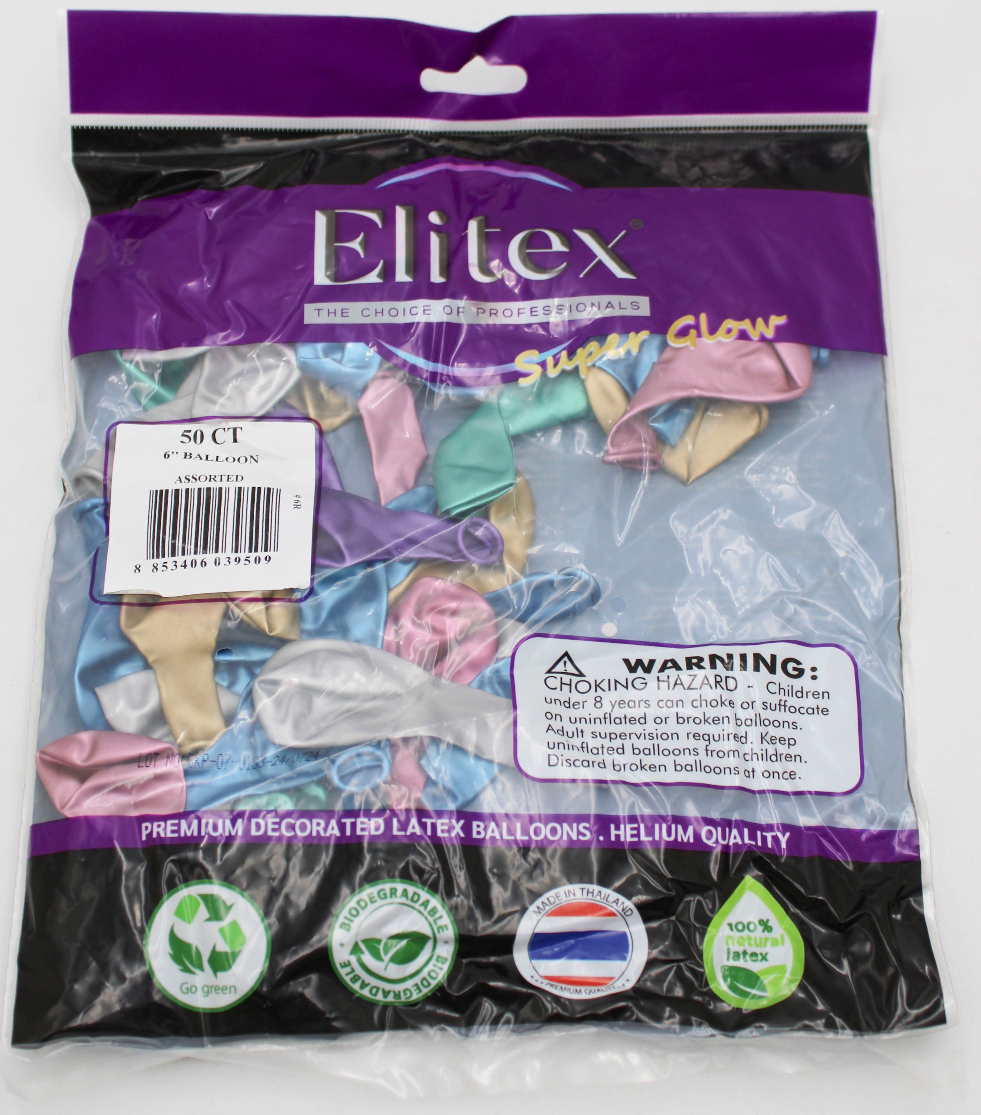 ELITEX 6" SUPERGLOW ASSORTED ROUND BALLOON, 50 PACK
