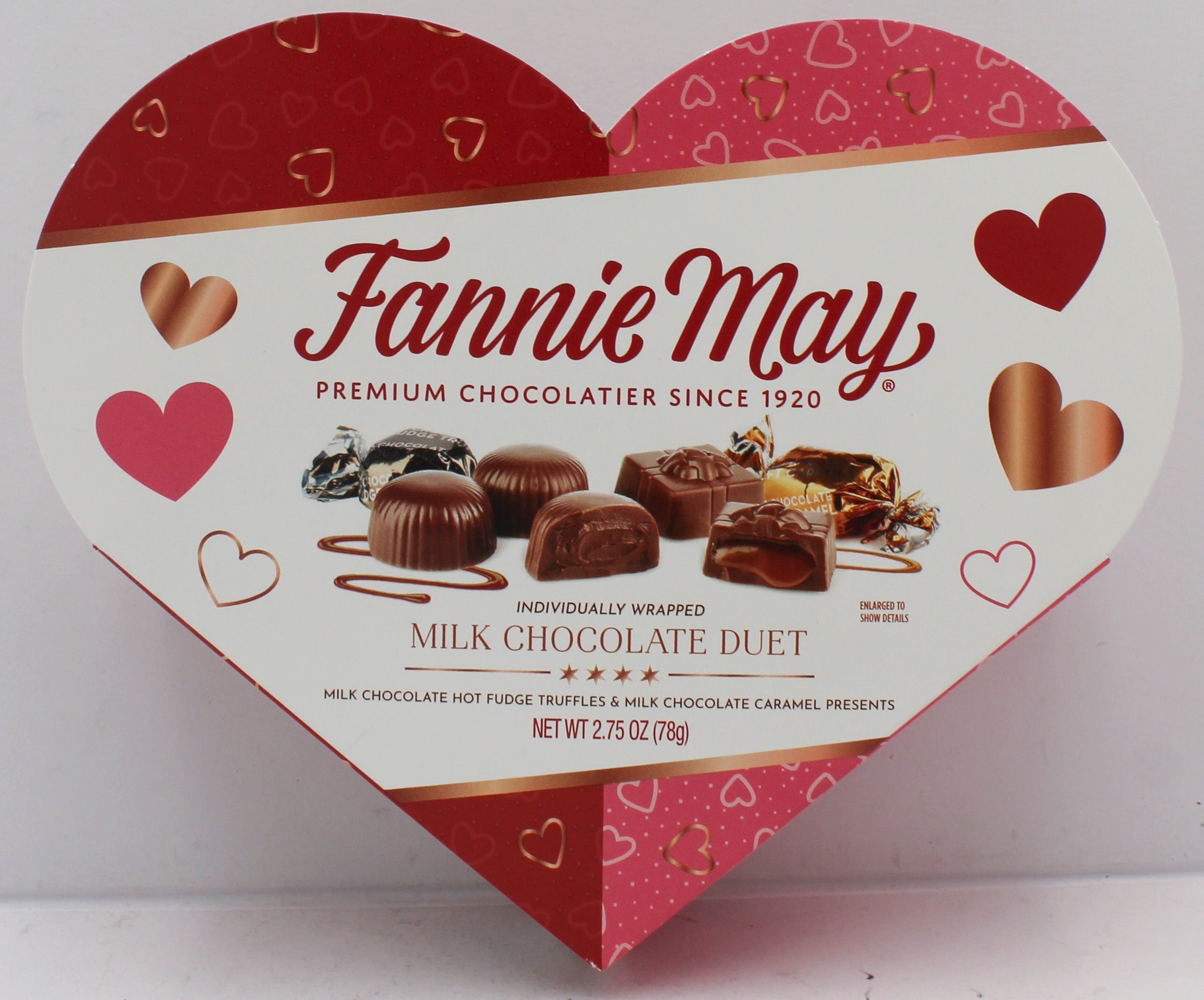 FANNIE MAY MILK CHOCOLATE DUET HEART BOX  2.7 Oz BB 7/19/27