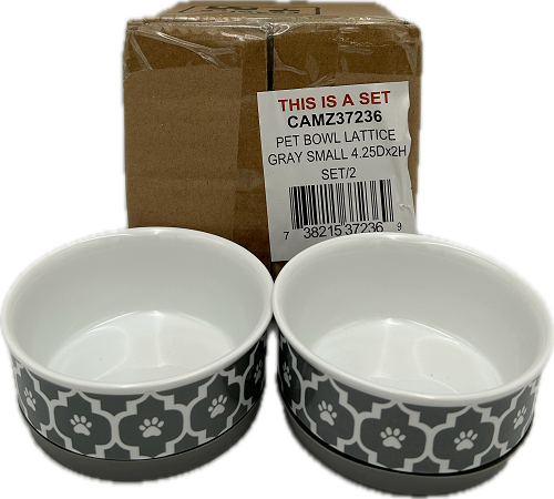 PET BOWL - LATTICE GRAY - SMALL 4.25Dx2H SET/2