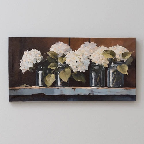 MIDNIGHT HYDRANGEAS IN GLASS VASES LED PRINT 23.75"Lx 11.75"H
