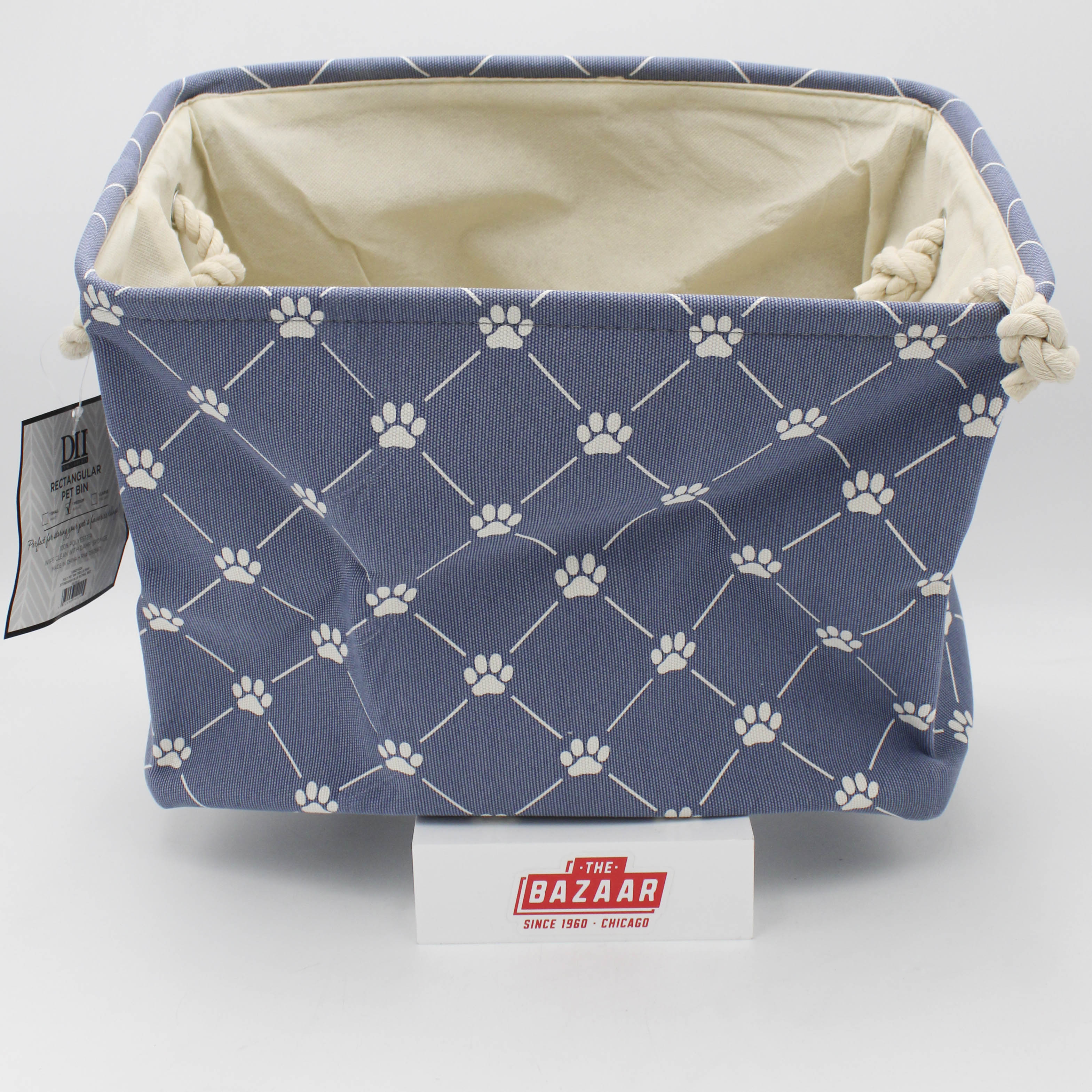 POLYESTER PET BIN TRELLIS PAW STONEWASH BLUE RECTANGLE MEDIUM 16x10x12