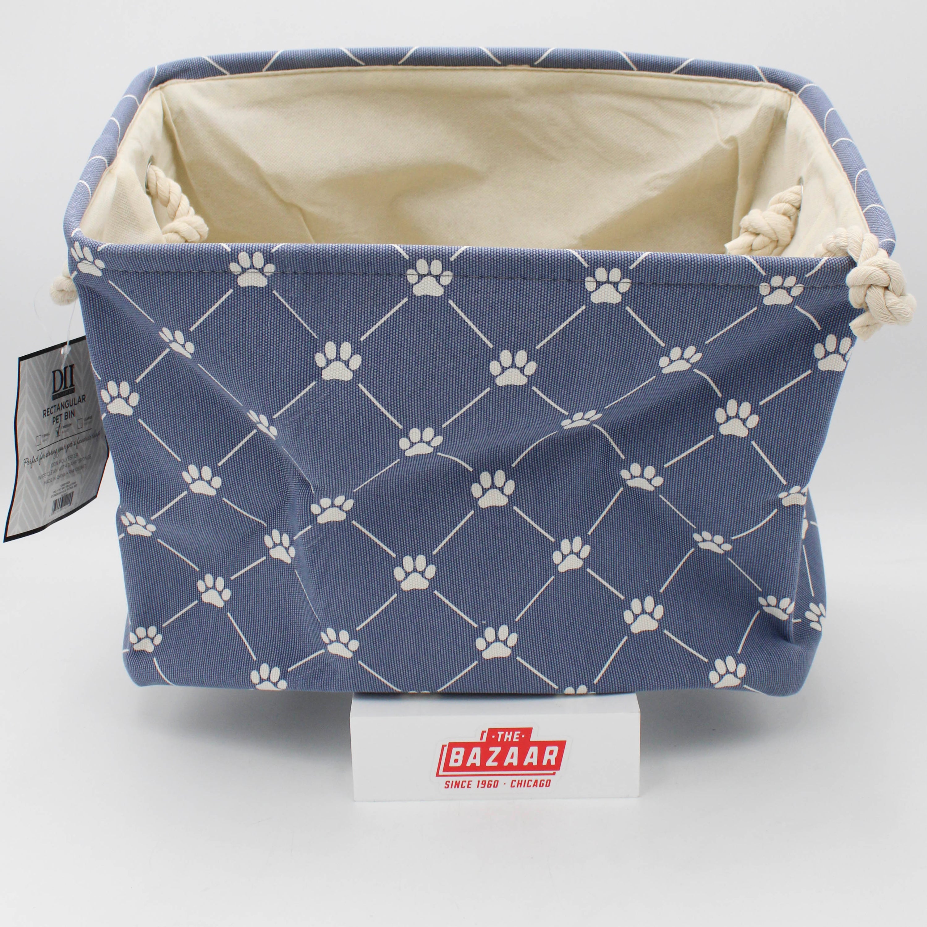 POLYESTER PET BIN TRELLIS PAW STONEWASH BLUE RECTANGLE MEDIUM 16x10x12